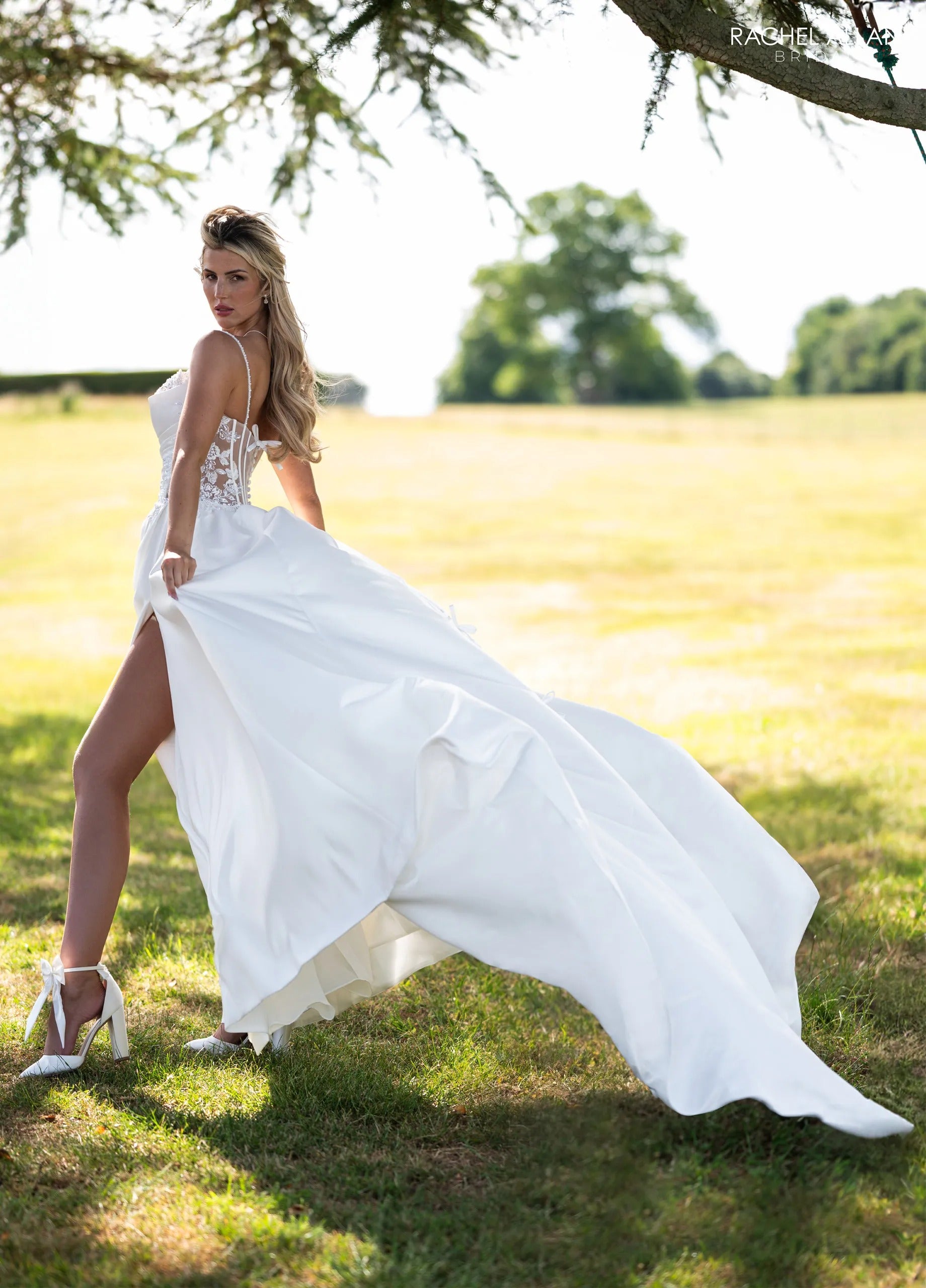 Ivory Nude Cowl Neck Floor-Length Satin A-Line Bridal Gown with Side Slit Rachel Allan RB2232