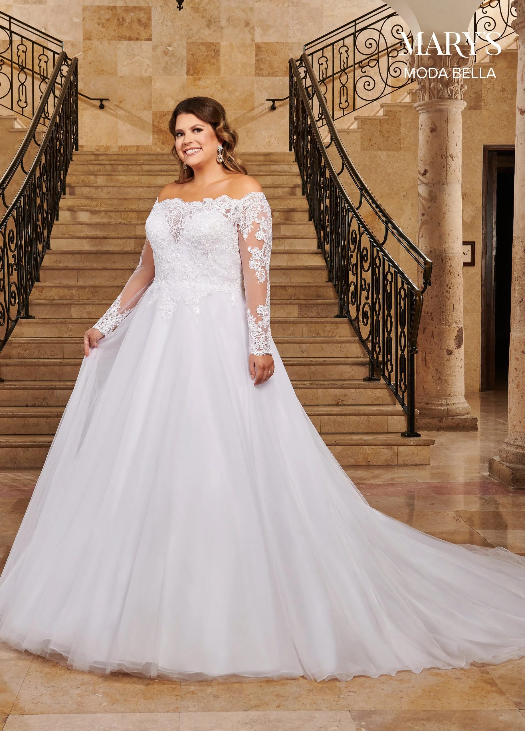 White Off-the-Shoulder Floor-Length Tulle Bridal Ball Gown with Lace Bodice Rachel Allan MB2070