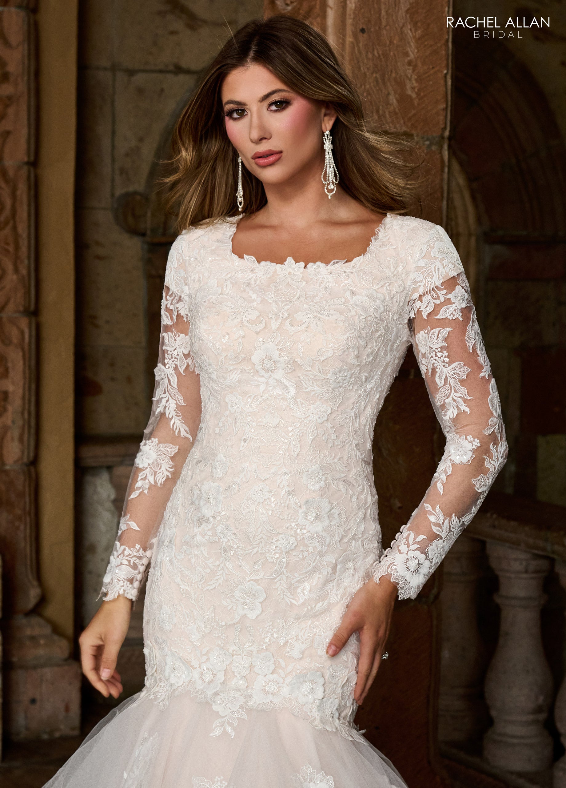 Ivory Pink Champagne Rachel Allan RB7005 Fitted Long Lace Mermaid