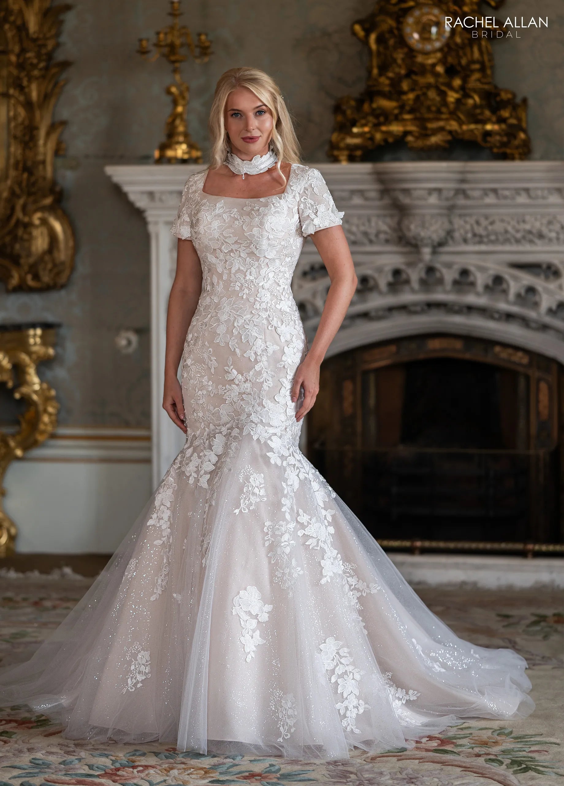 Square Neck Floor-Length Glitter Tulle Bridal Gown with Mermaid Train Rachel Allan RB7023