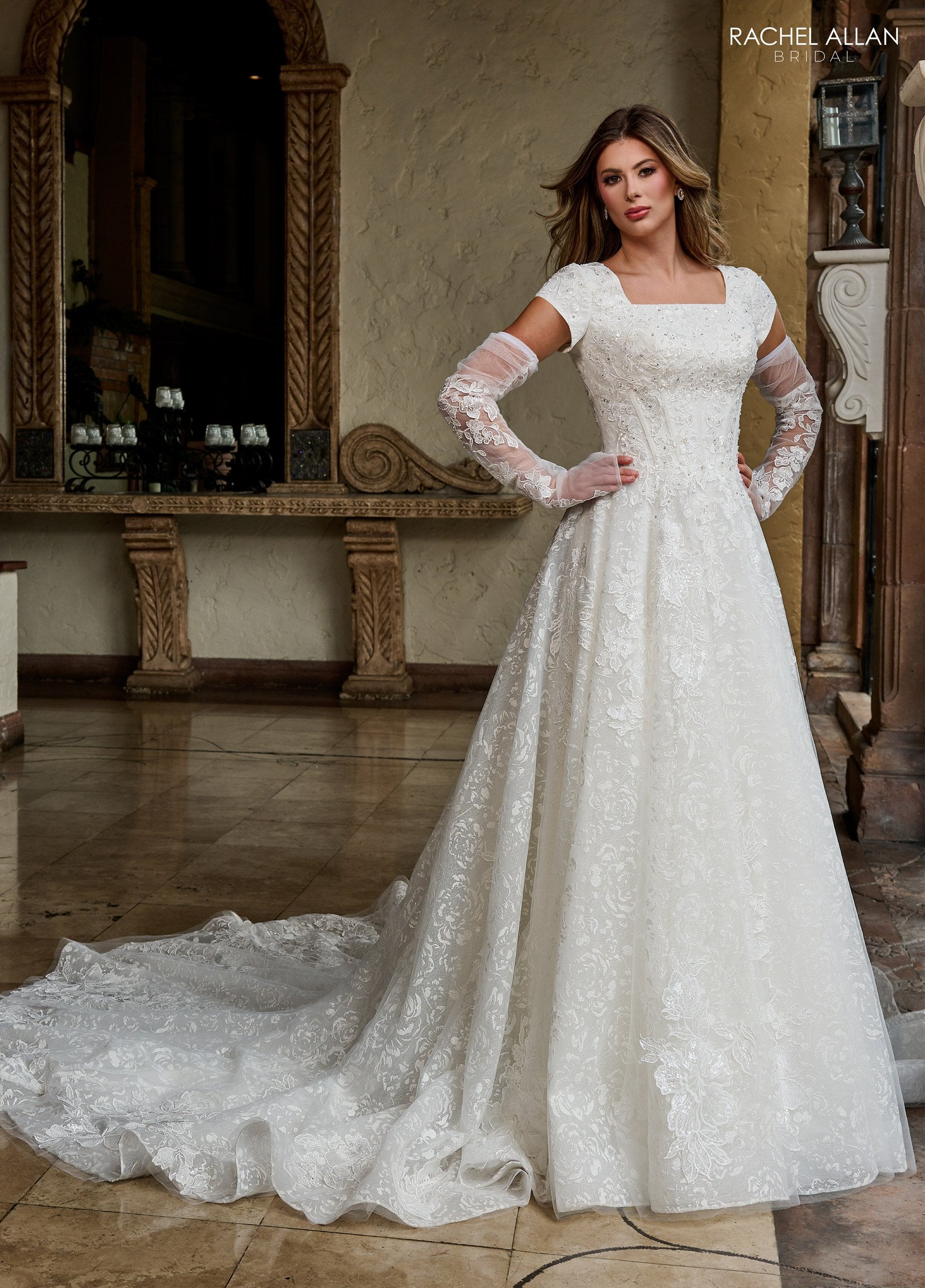 Rachel Allan RB7006 Long Beaded Ball Gown Lace Glitter Wedding Dress