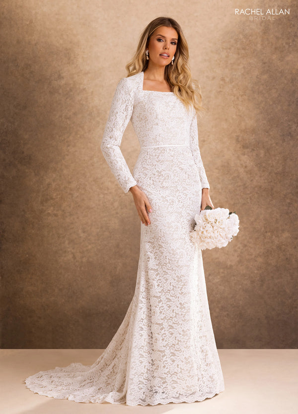 Square Floor-Length Lace Wedding Dress Sheath Column Rachel Allan RB7031