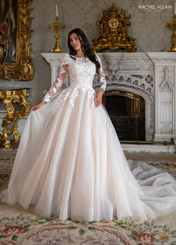 Illusion Neck Floor-Length Glitter Tulle Wedding Gown with Long Sleeves Rachel Allan RB7026