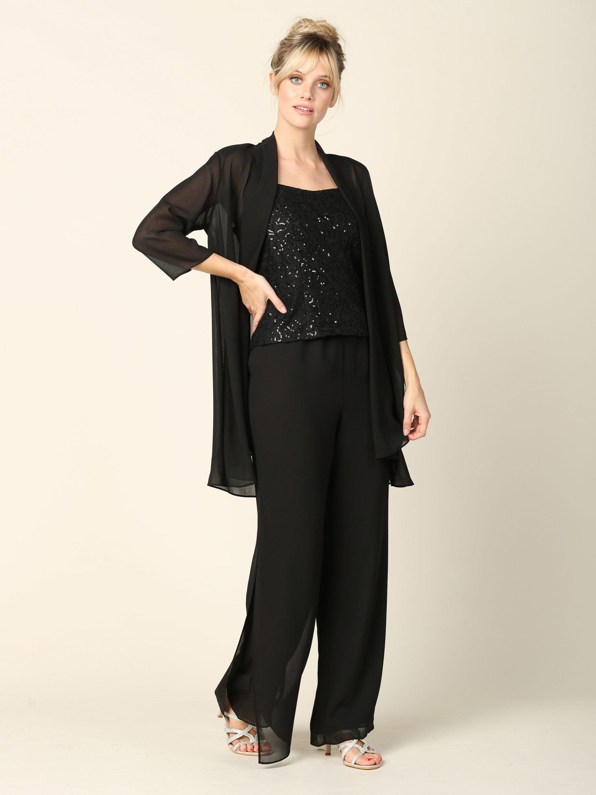 Formal Mother of the Bride Jacket Pant Suit Black