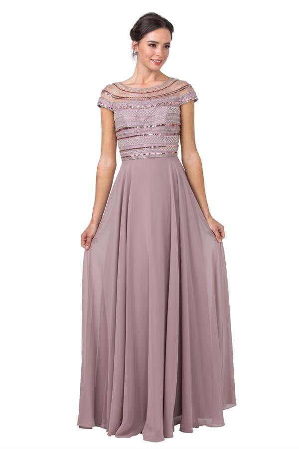 Mother of the Bride Long Formal Cap Sleeve Dress - The Dress Outlet