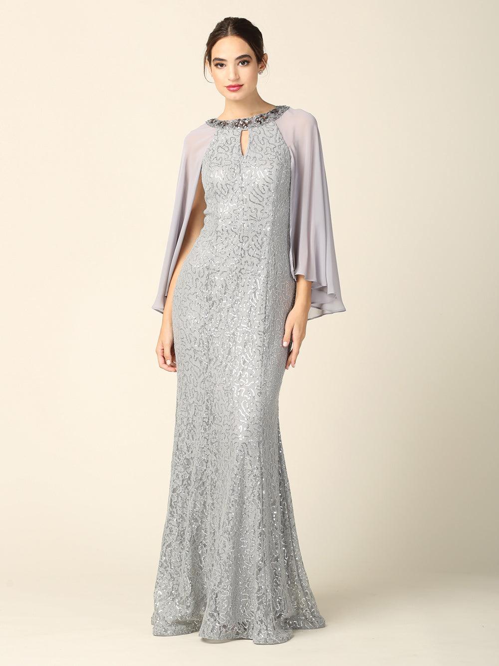 Mother of the Bride Long Formal Cape Dress - The Dress Outlet Eva Fashion