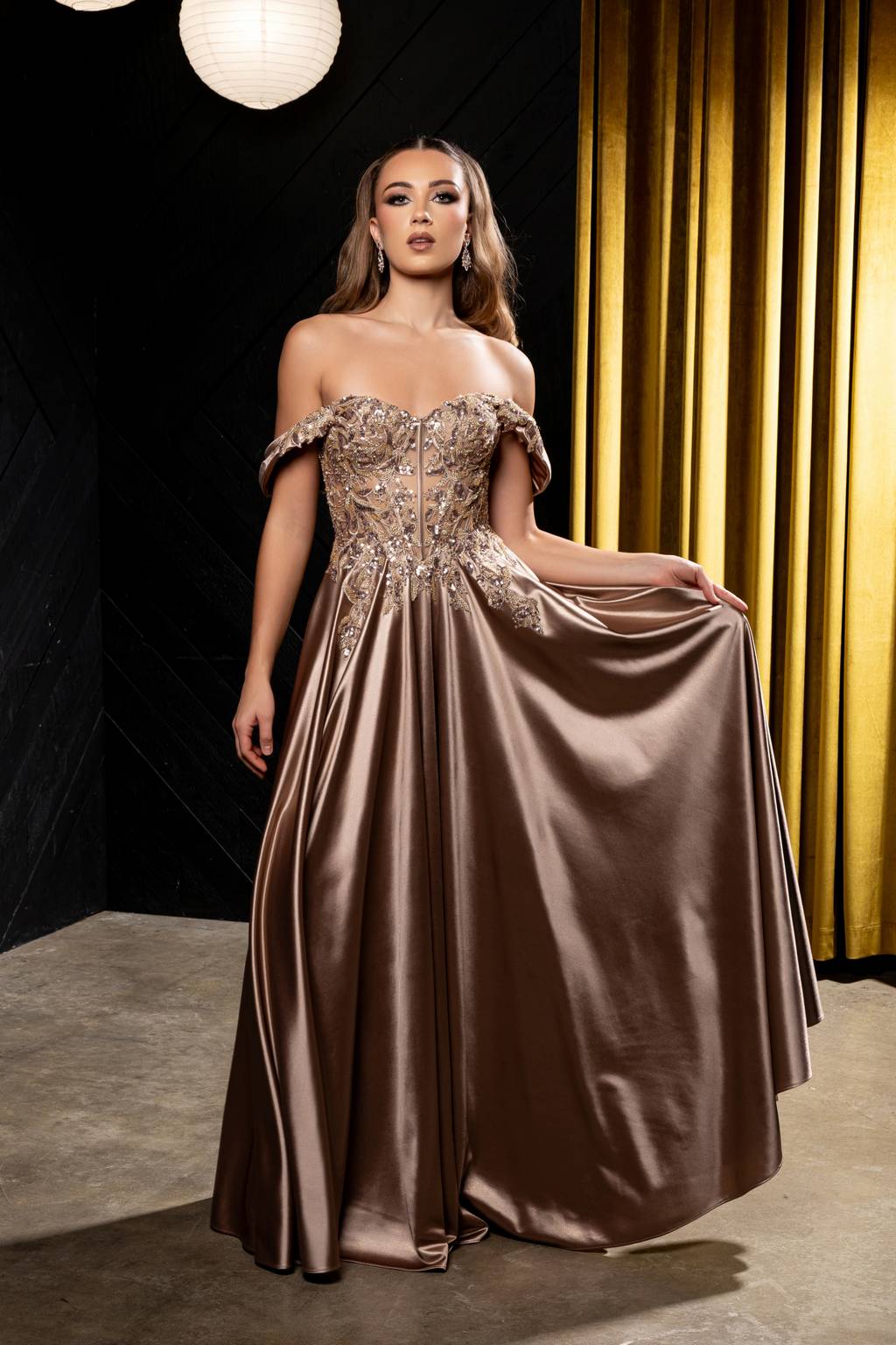 Off-the-Shoulder Floor-Length Satin Prom A-Line May Queen MQ2240