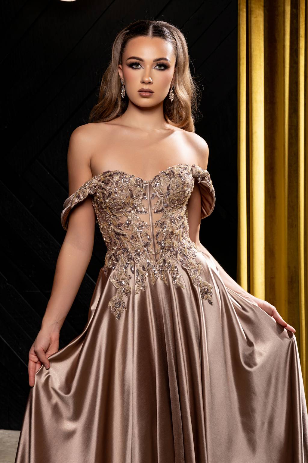 Off-the-Shoulder Floor-Length Satin Prom A-Line May Queen MQ2240