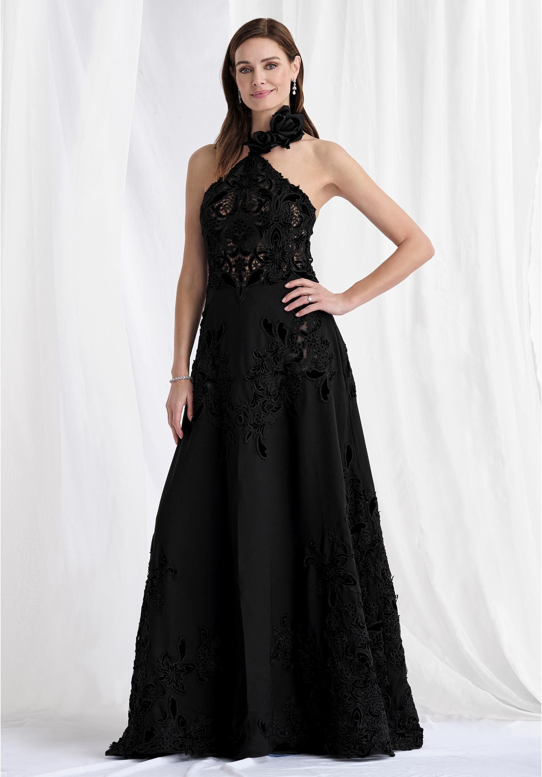 Prom Dresses Lace Floral Formal Long Prom Dress Black