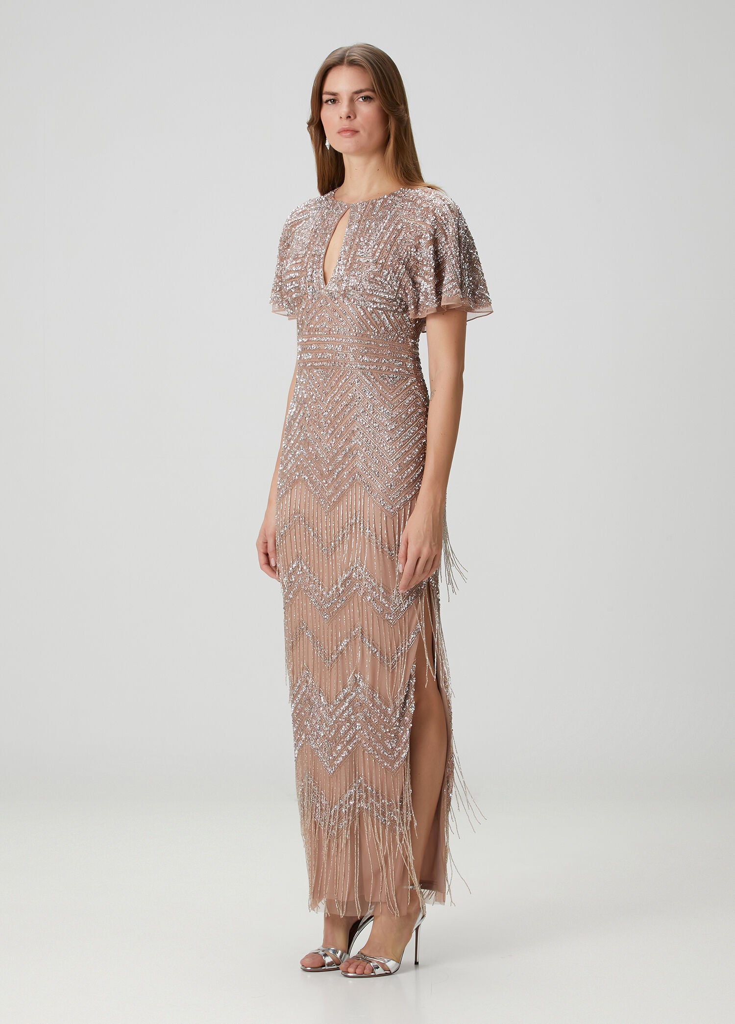 Rose Gold Adrianna Papell MD1E204761 Jewel Floor-Length Mesh Formal Dress Beaded