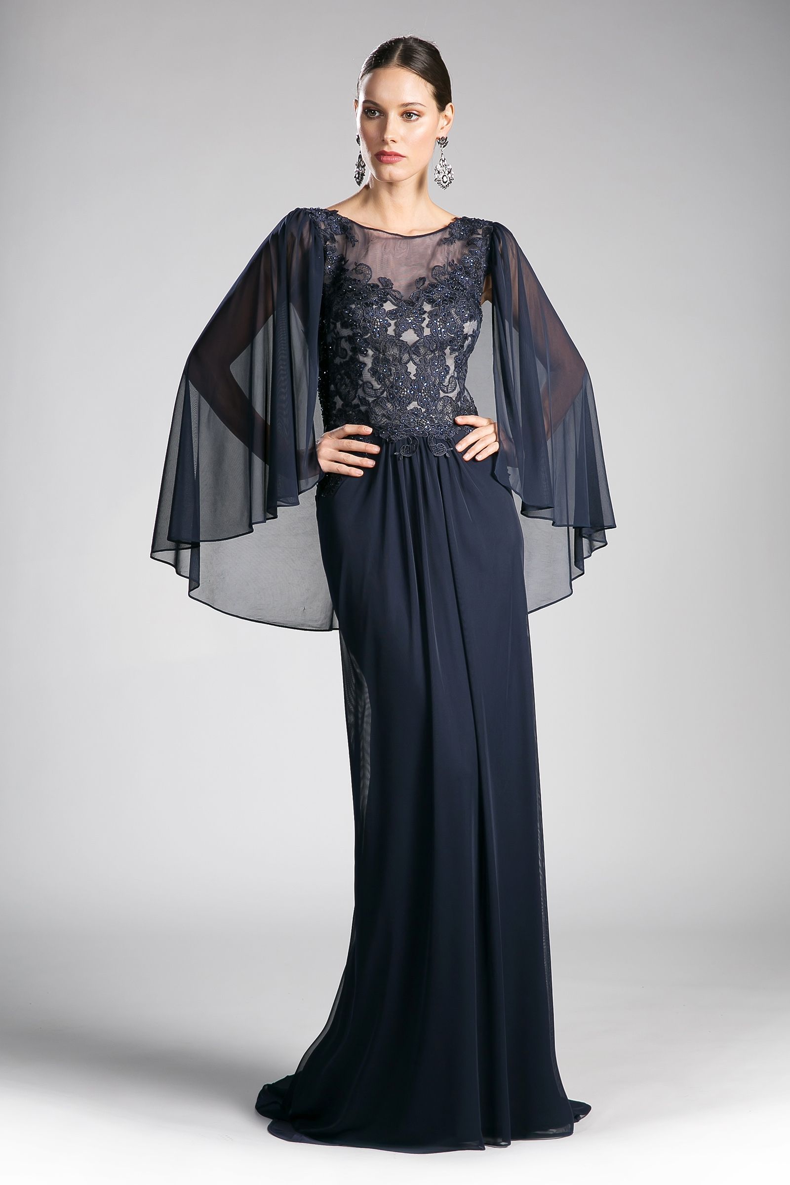 Mother of the Bride Dress Long Formal Lace Cape Mother of the Bride Dress Navy