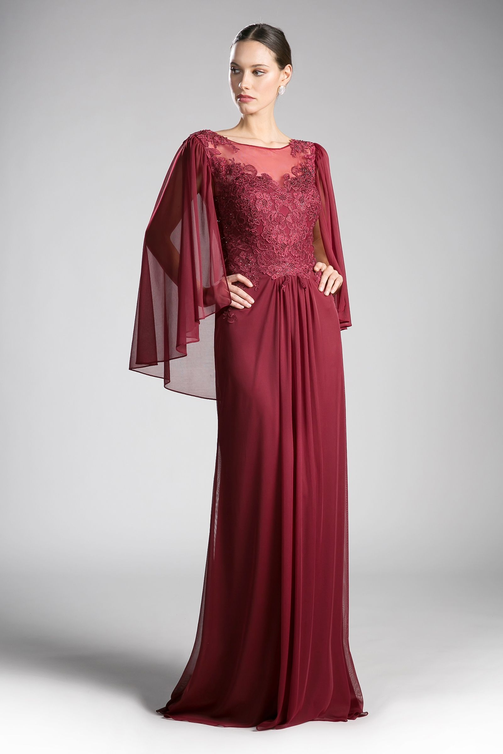 Mother of the Bride Dress Long Formal Lace Cape Mother of the Bride Dress Burgundy 
