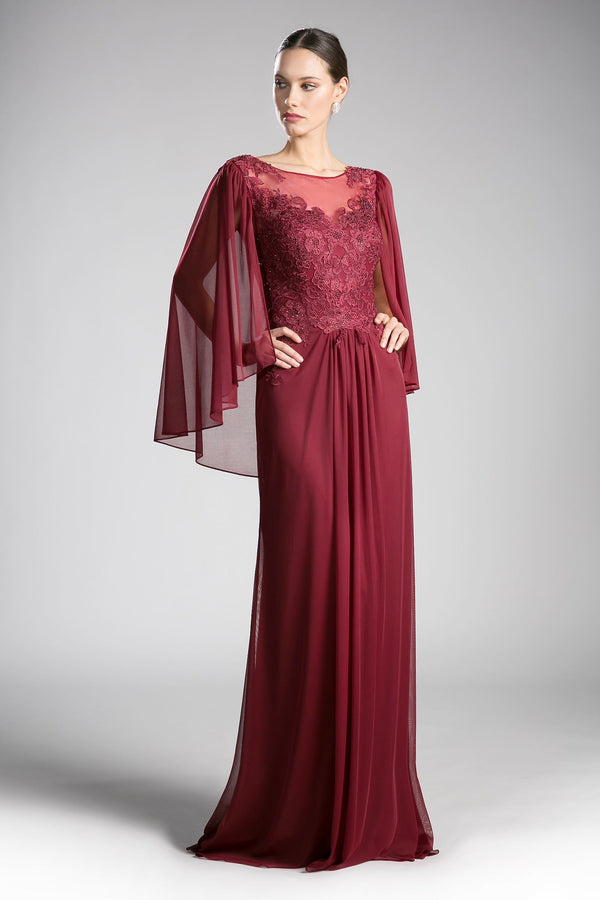 LaDivine OC0001 Long Formal Lace Cape Mother of the Bride Dress