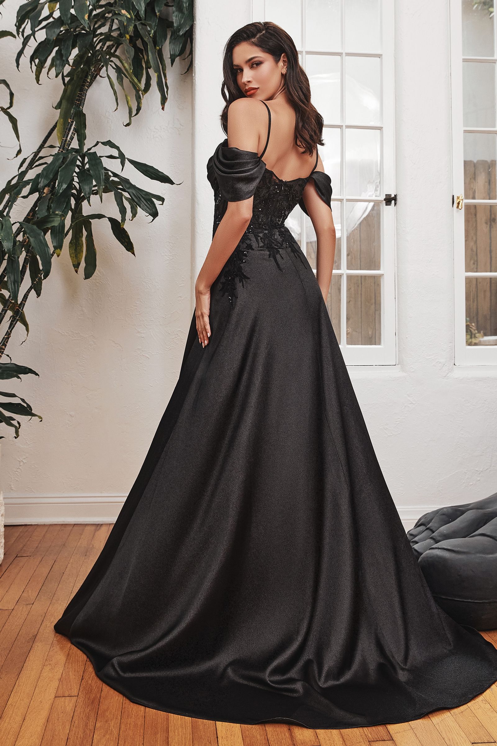 LaDivine OC012 Long Off Shoulder A-Line Gown in Black