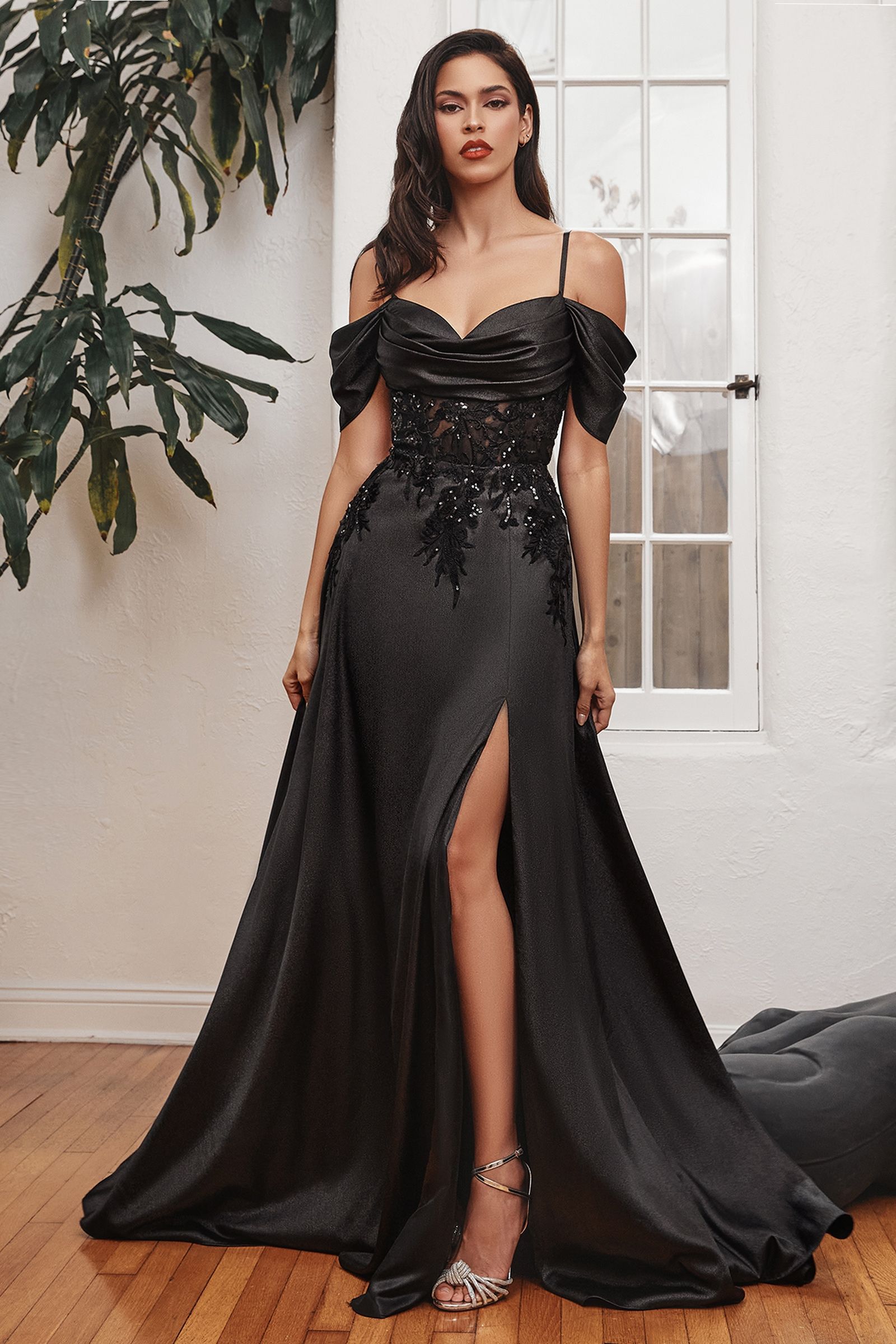 LaDivine OC012 Long Off Shoulder A-Line Gown in Black