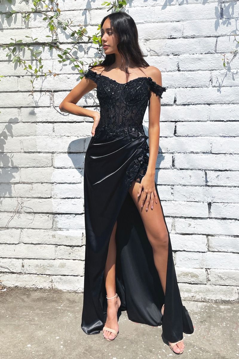 Ladivne CD0186 Off-Shoulder Embroidered Corset Gown with Thigh Slit XS / Black Ladivne CD0186 Off-Shoulder Embroidered Corset Gown with Thigh Slit XS / Black