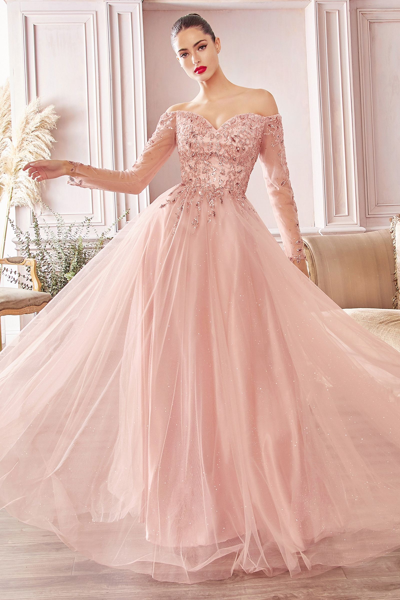pink prom dress with sleeves Pink Off-The-Shoulder Long-Sleeves Lace Applique Princess A-Line Prom
