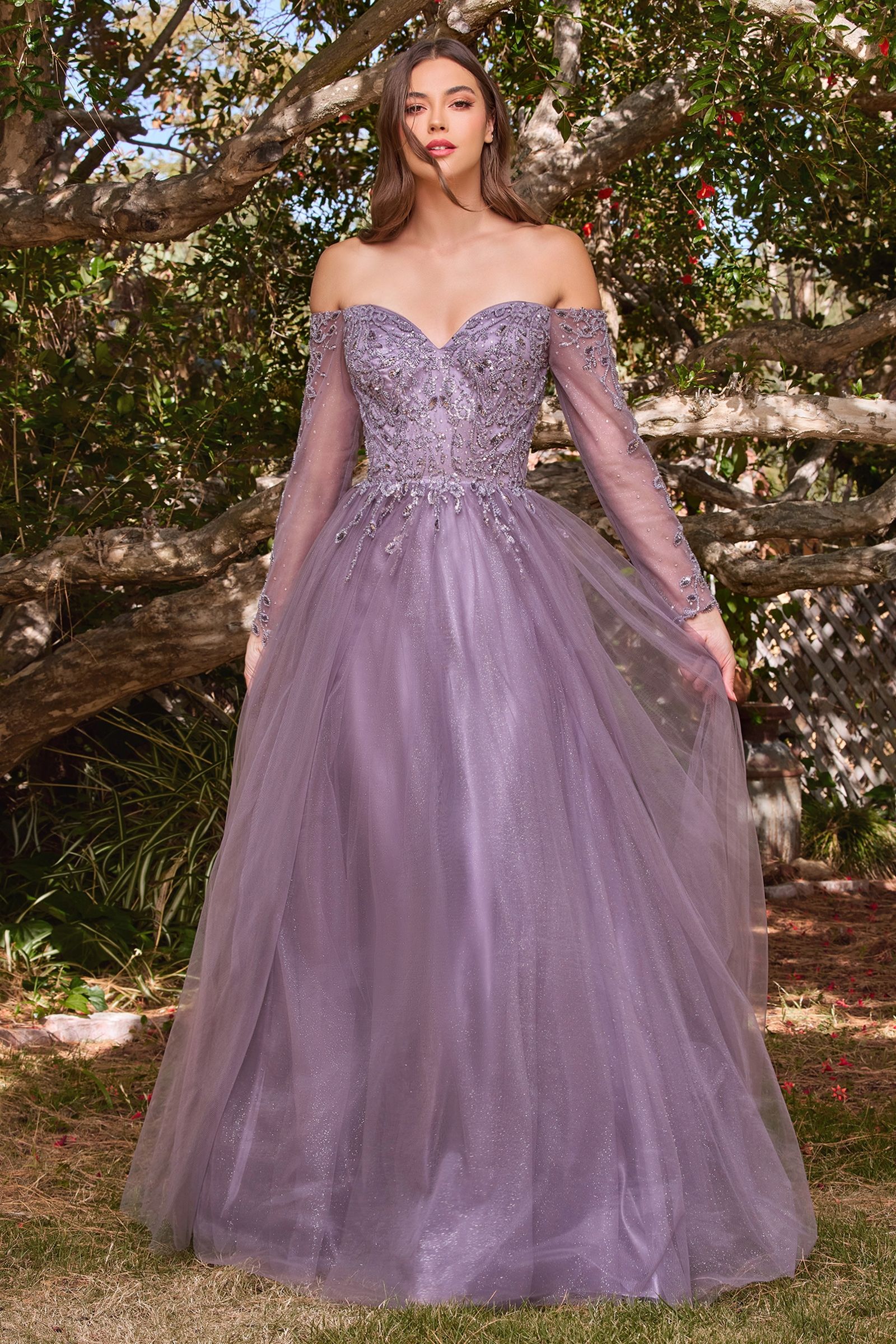 Rose Gold Ladivine - CD0172 Beaded Long Sleeve Glitter Gown | Long A-Line Dress Rose Gold Ladivine - CD0172 Beaded Long Sleeve Glitter Gown | Long A-Line Dress