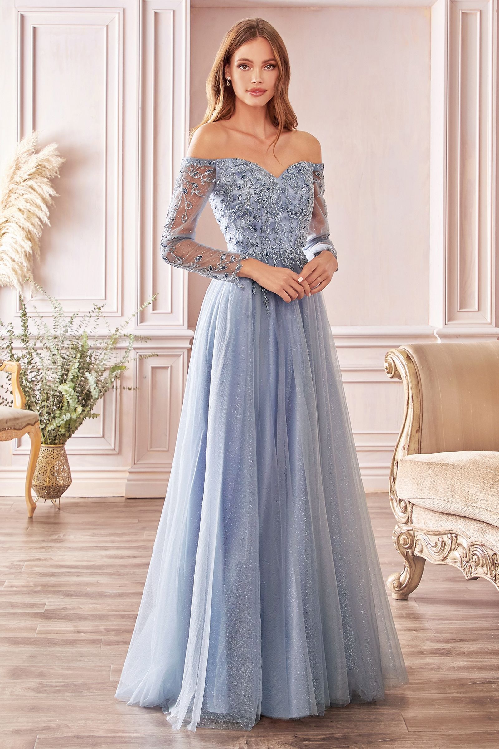 Rose Gold Ladivine - CD0172 Beaded Long Sleeve Glitter Gown | Long A-Line Dress Rose Gold Ladivine - CD0172 Beaded Long Sleeve Glitter Gown | Long A-Line Dress