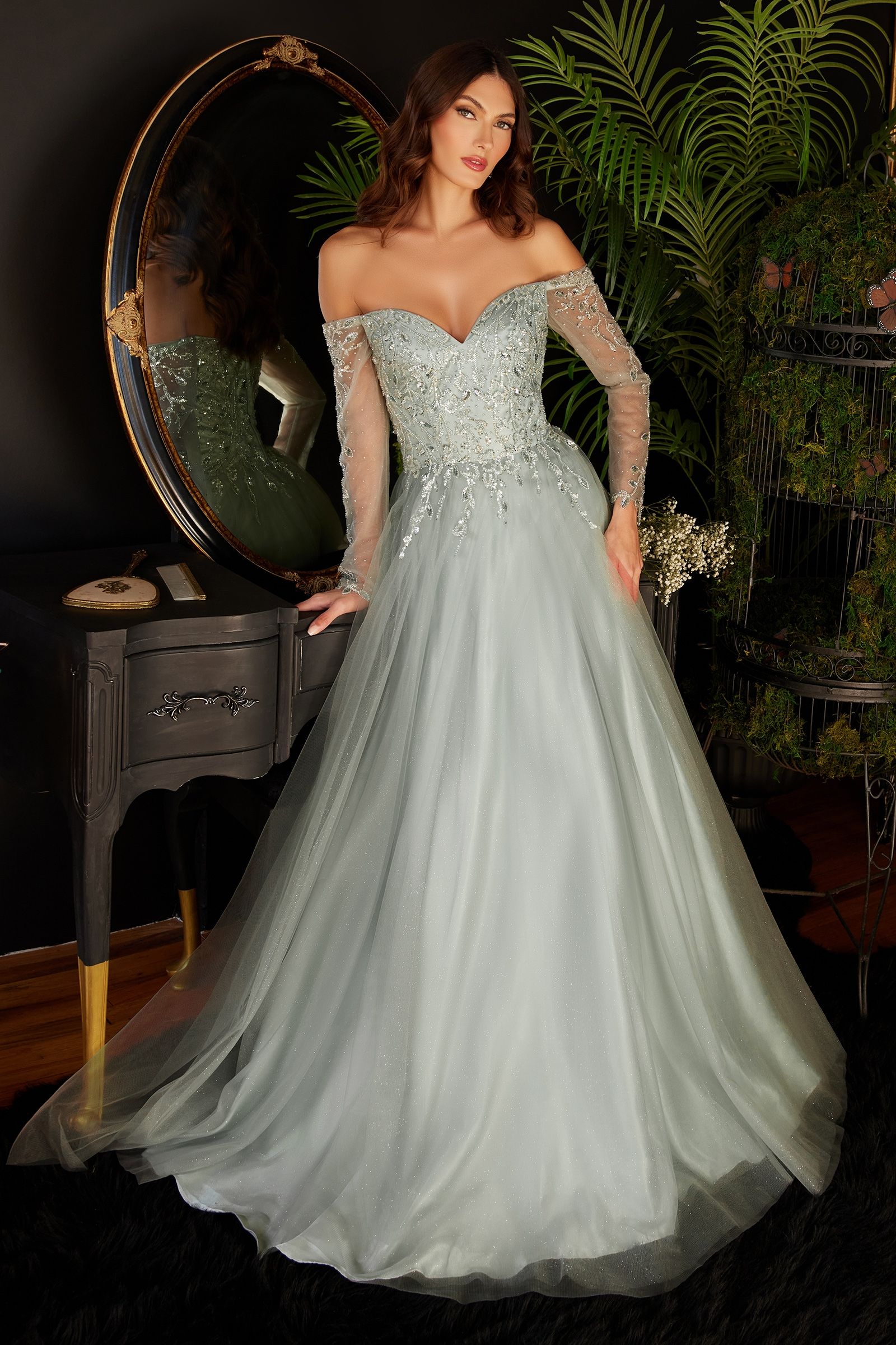 Rose Gold Ladivine - CD0172 Beaded Long Sleeve Glitter Gown | Long A-Line Dress Rose Gold Ladivine - CD0172 Beaded Long Sleeve Glitter Gown | Long A-Line Dress