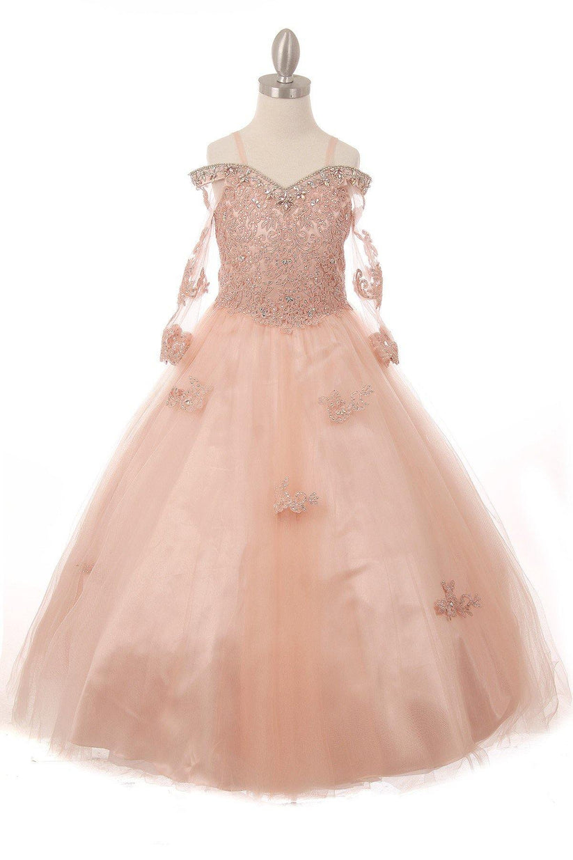 Half Sleeve Off Shoulder Flower Girl Dress with Appliques for Ball Gowns