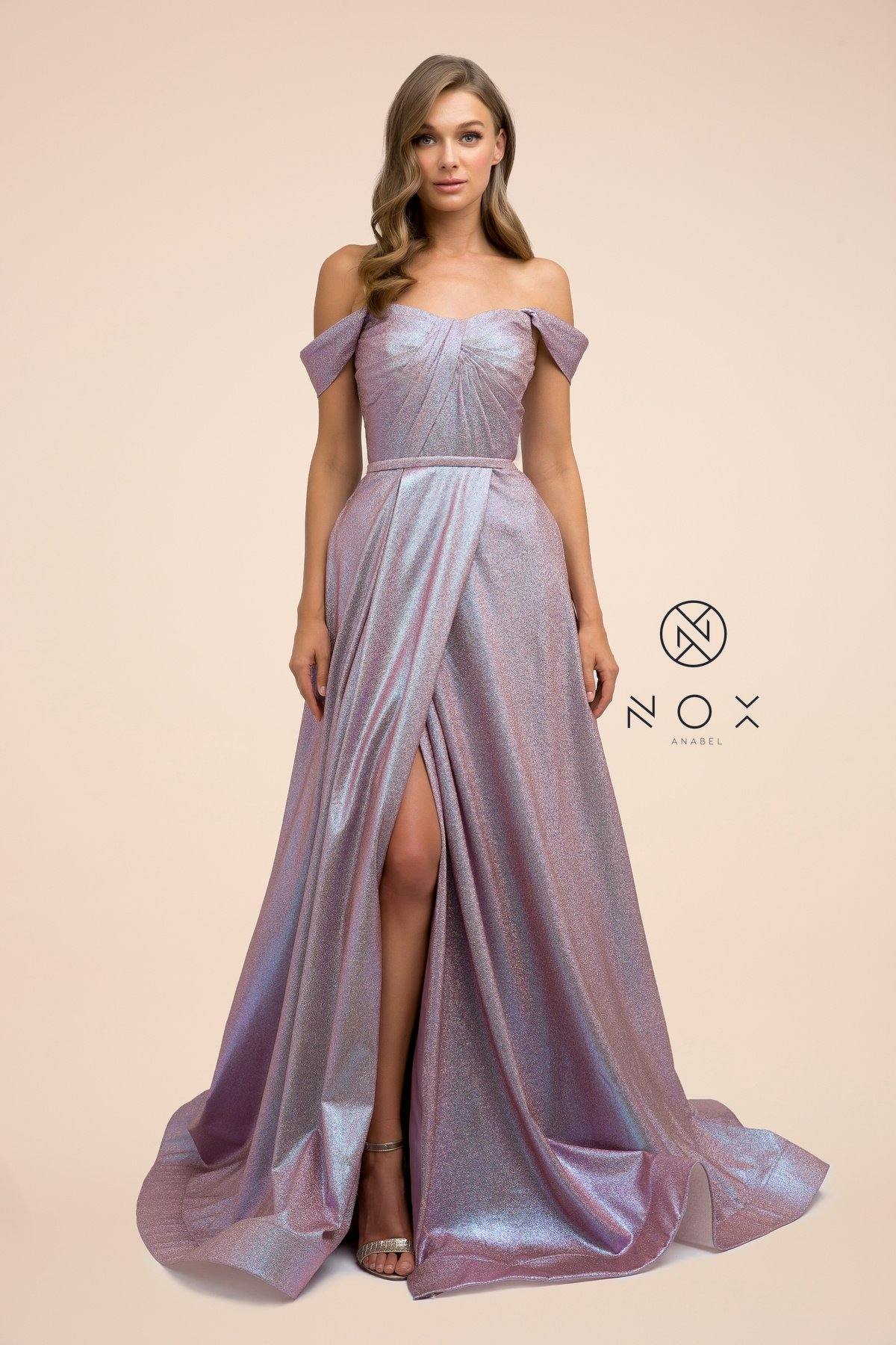 Off  Shoulder Metallic Glitter Prom Long Ball Gown - The Dress Outlet Nox Anabel