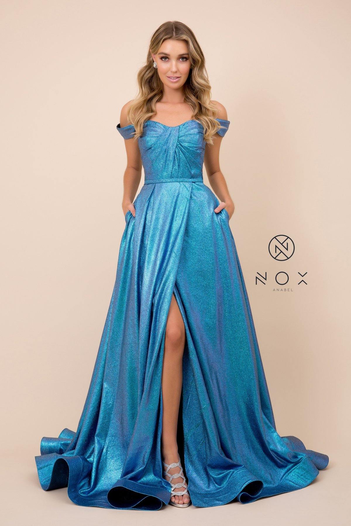 Off  Shoulder Metallic Glitter Prom Long Ball Gown - The Dress Outlet Nox Anabel