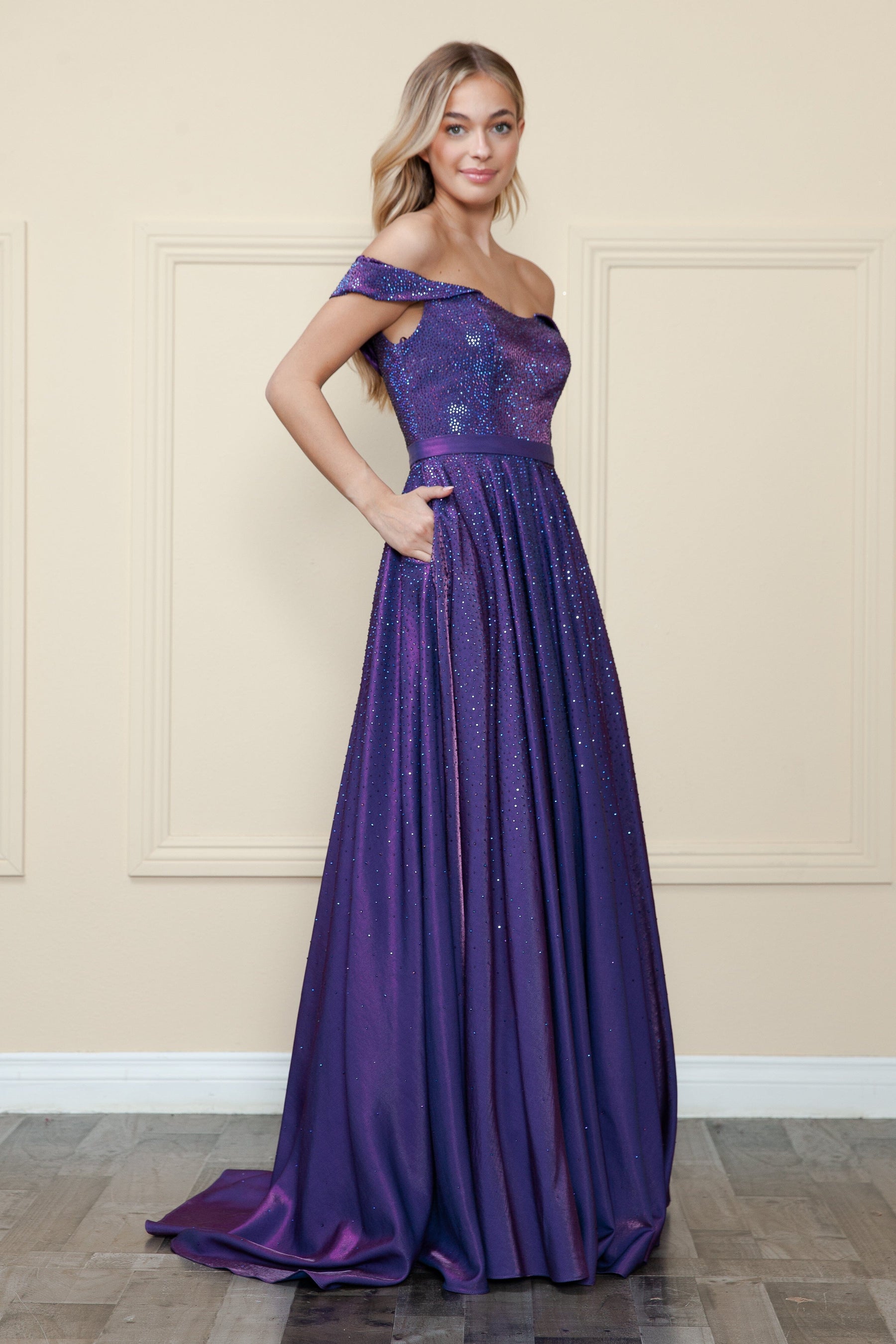 Purple Off-the-Shoulder Floor-Length Shimmer Mesh Prom A-Line Gown with Rhinestones Poly USA 8890