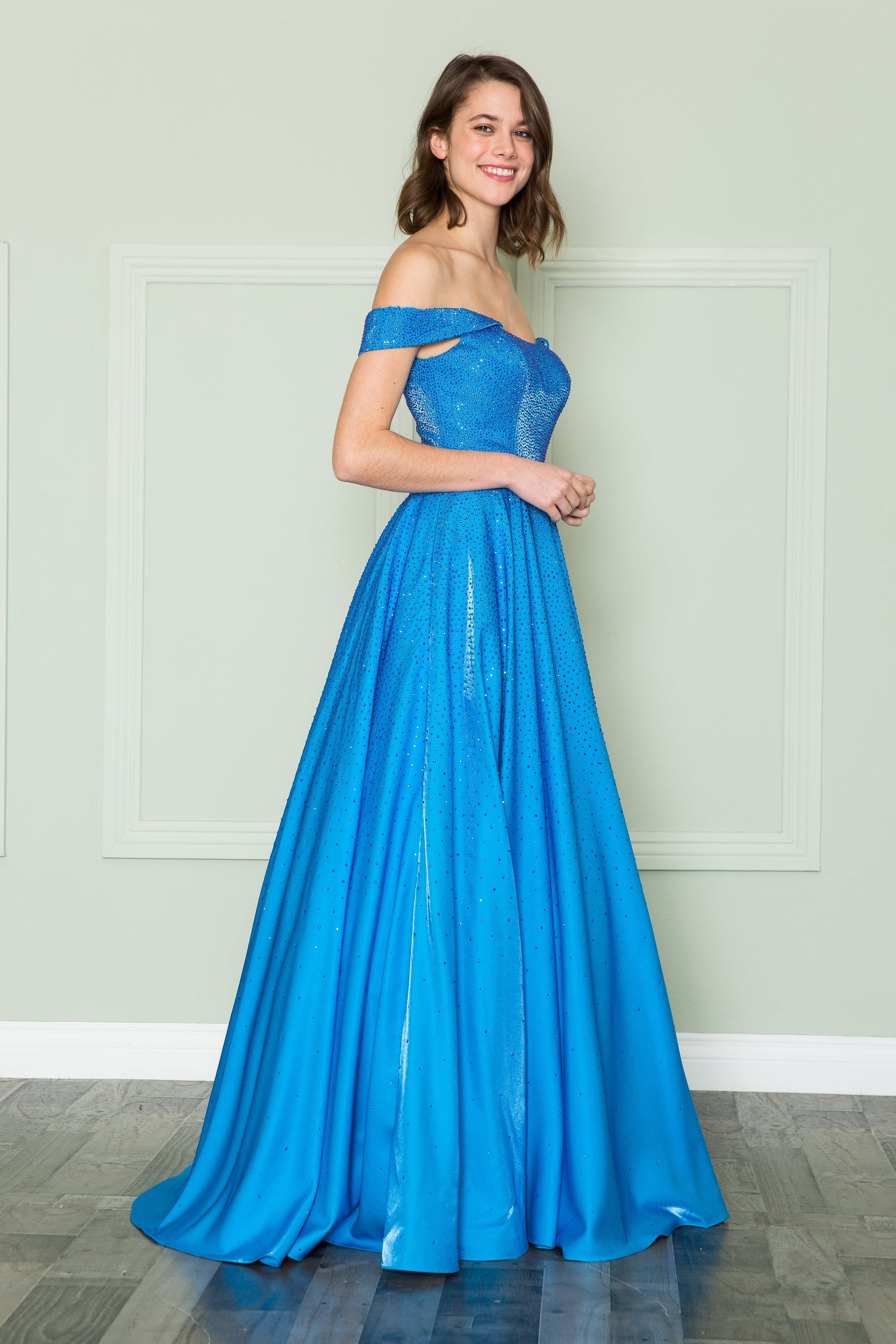 Ocean Blue Off-the-Shoulder Floor-Length Shimmer Mesh Prom A-Line Gown with Rhinestones Poly USA 8890