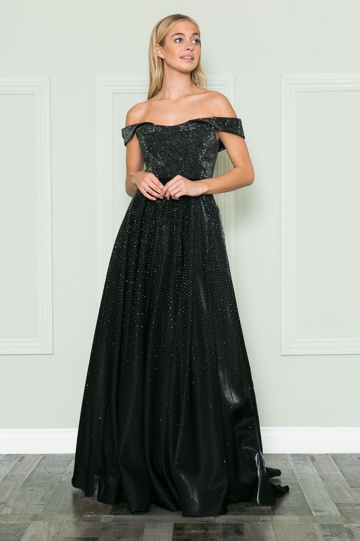 Black Off-the-Shoulder Floor-Length Shimmer Mesh Prom A-Line Gown with Rhinestones Poly USA 8890