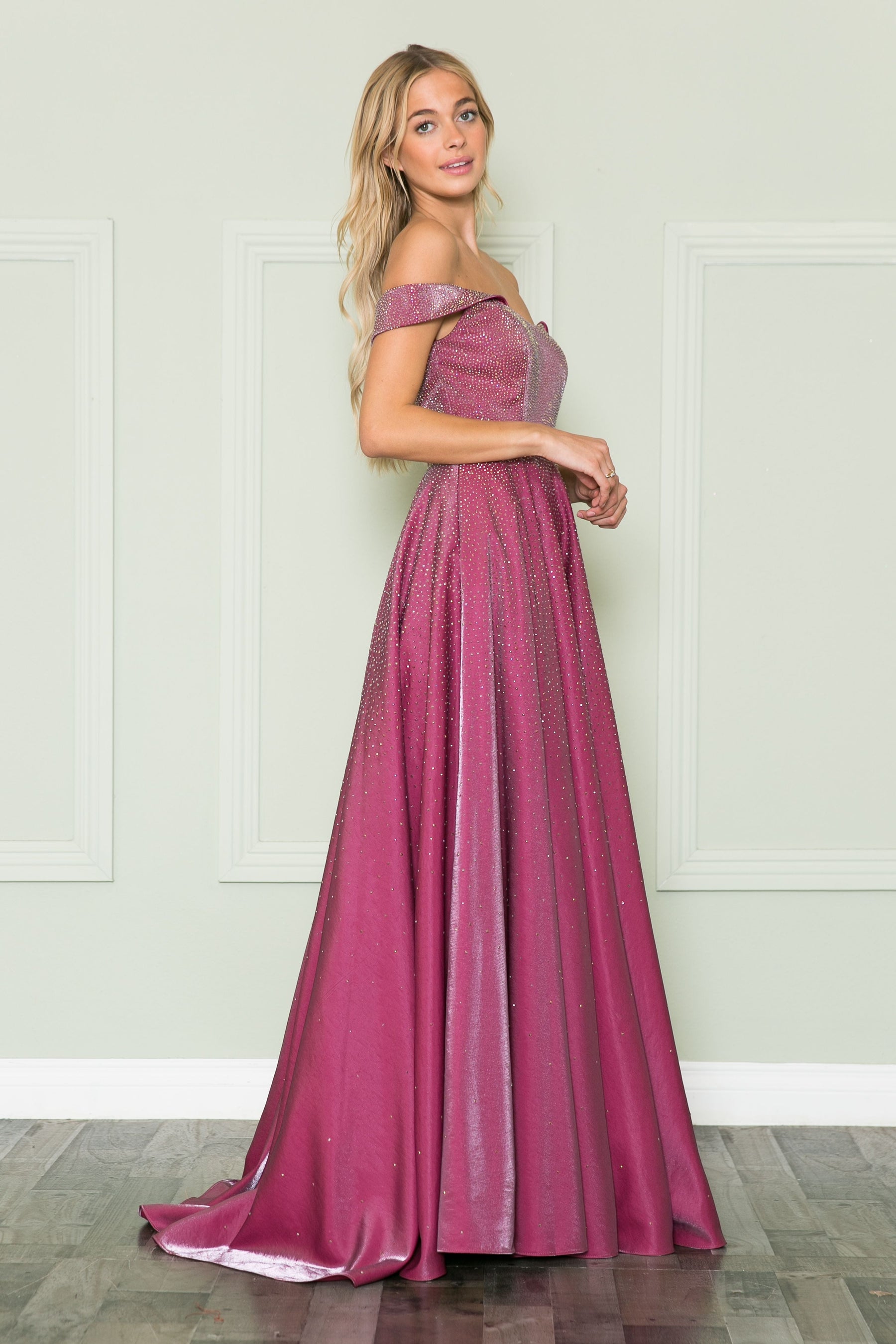 Magenta Off-the-Shoulder Floor-Length Shimmer Mesh Prom A-Line Gown with Rhinestones Poly USA 8890