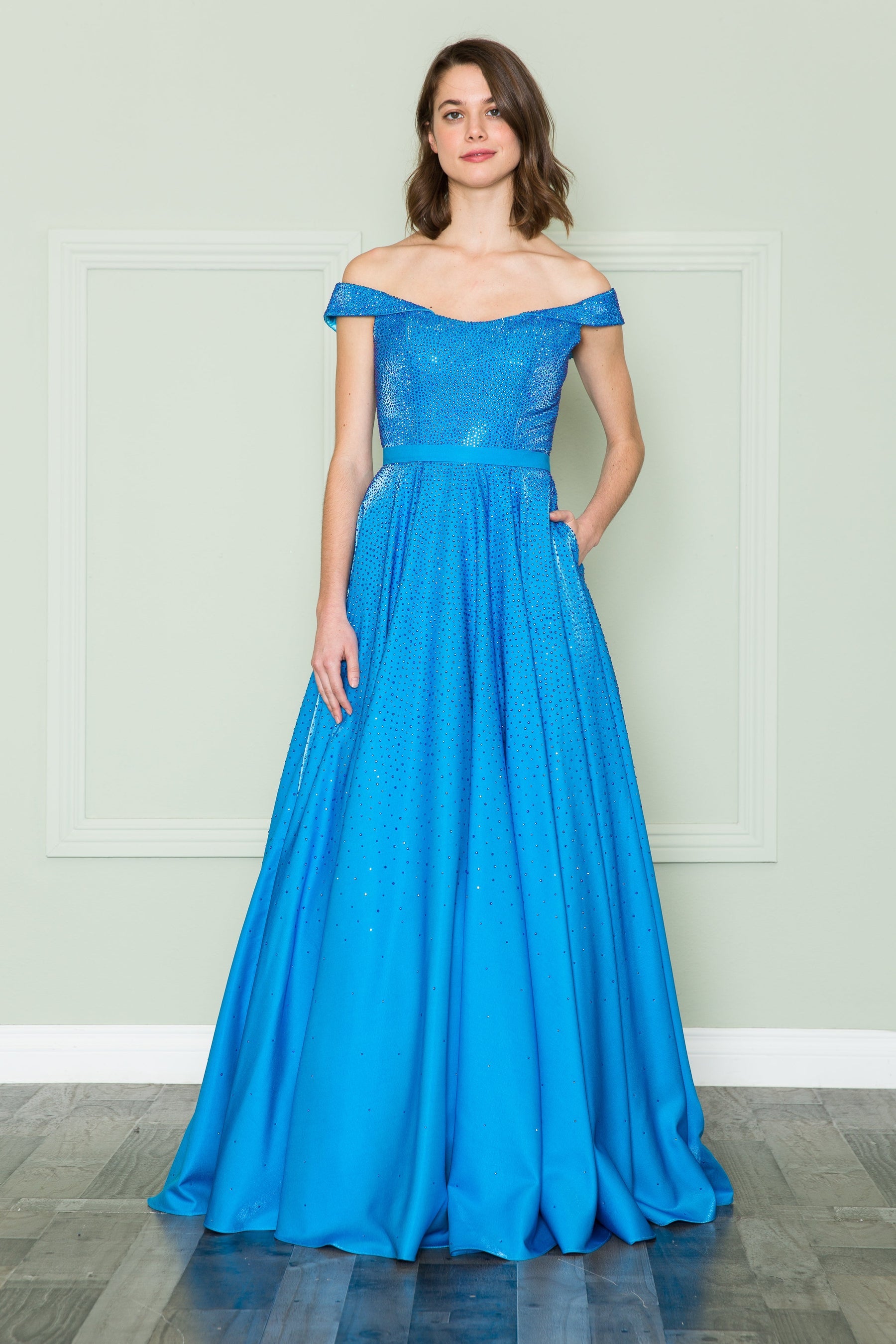 Ocean Blue Off-the-Shoulder Floor-Length Shimmer Mesh Prom A-Line Gown with Rhinestones Poly USA 8890