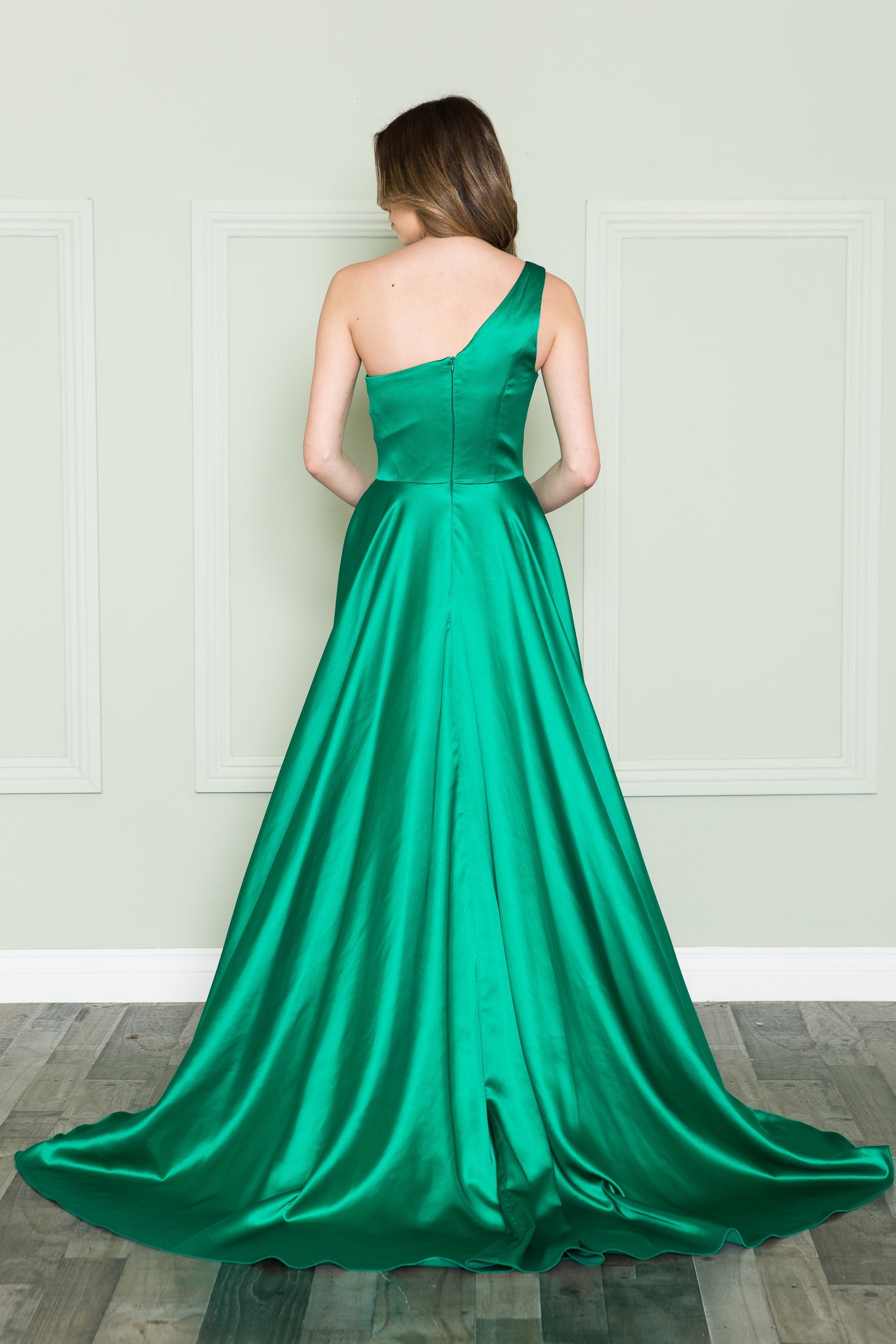 Emerald One-Shoulder Floor-Length Satin Prom Dress with Pocke Poly USA 8912