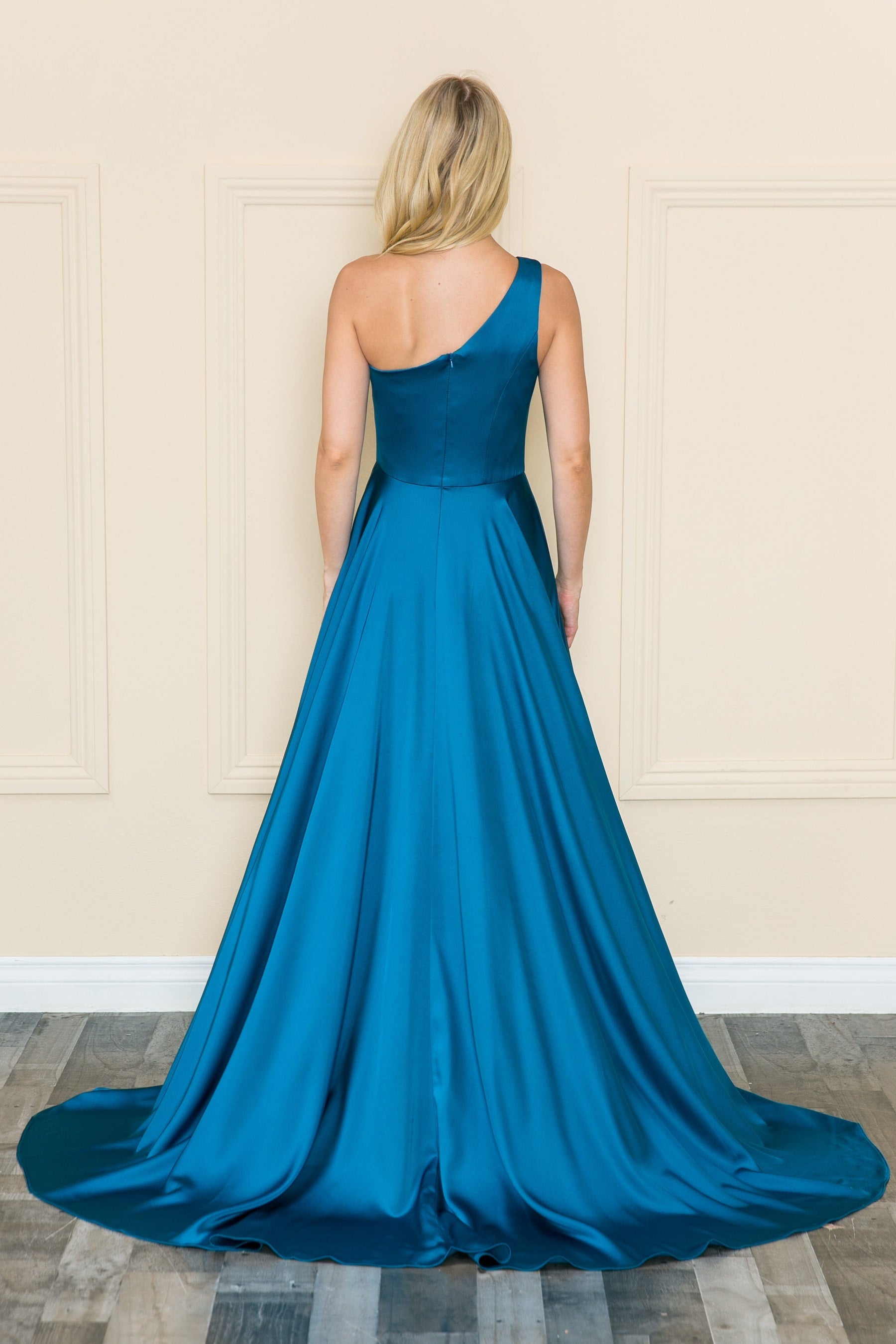 Teal One-Shoulder Floor-Length Satin Prom Dress with Pocke Poly USA 8912