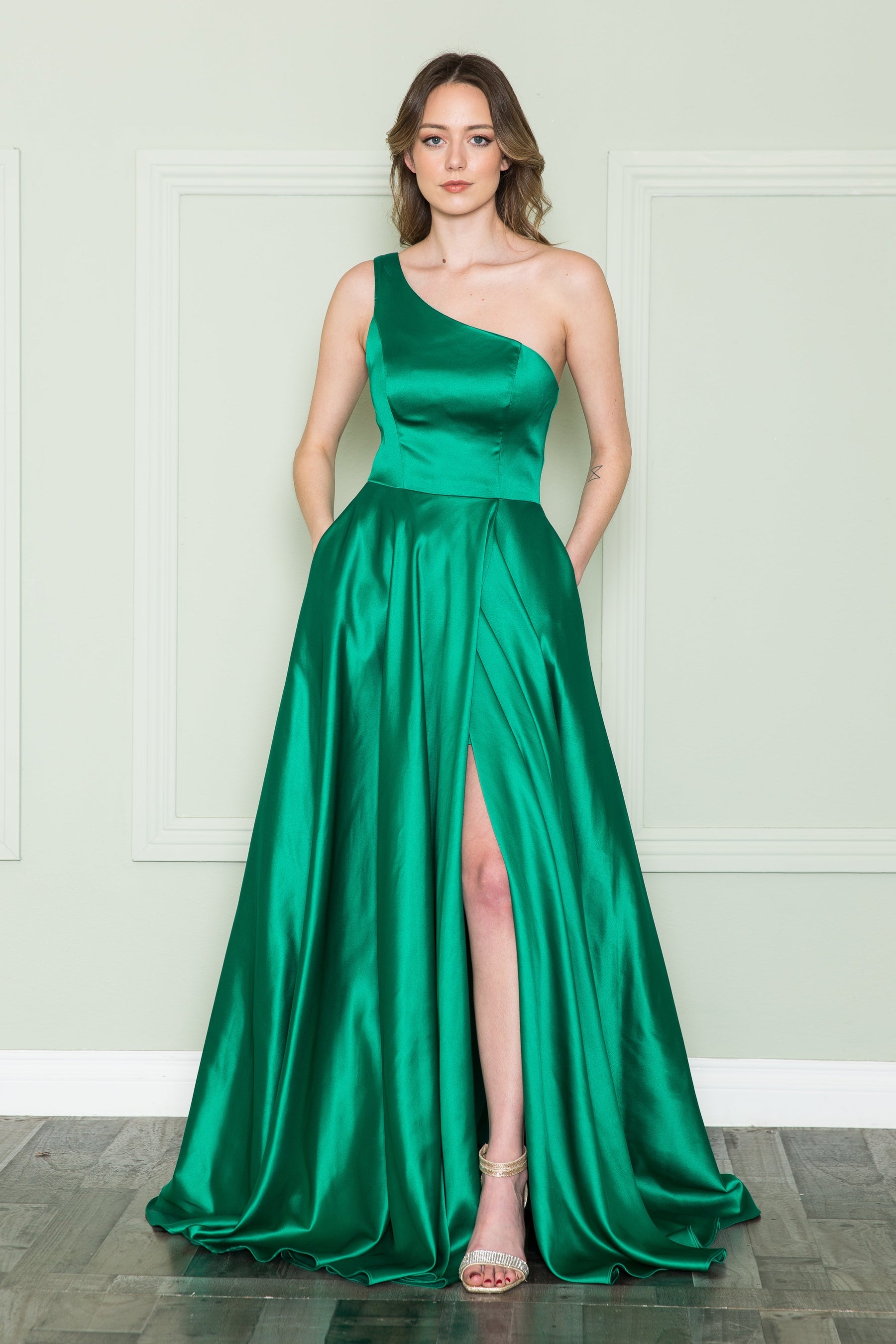 Emerald One-Shoulder Floor-Length Satin Prom Dress with Pocke Poly USA 8912