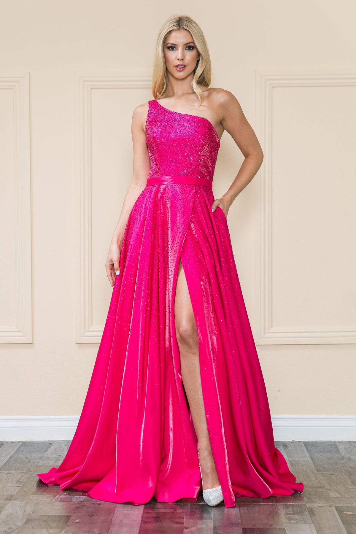 Hot Pink One-Shoulder Floor-Length Sequin Prom Dress with Side Slit Poly USA 8920