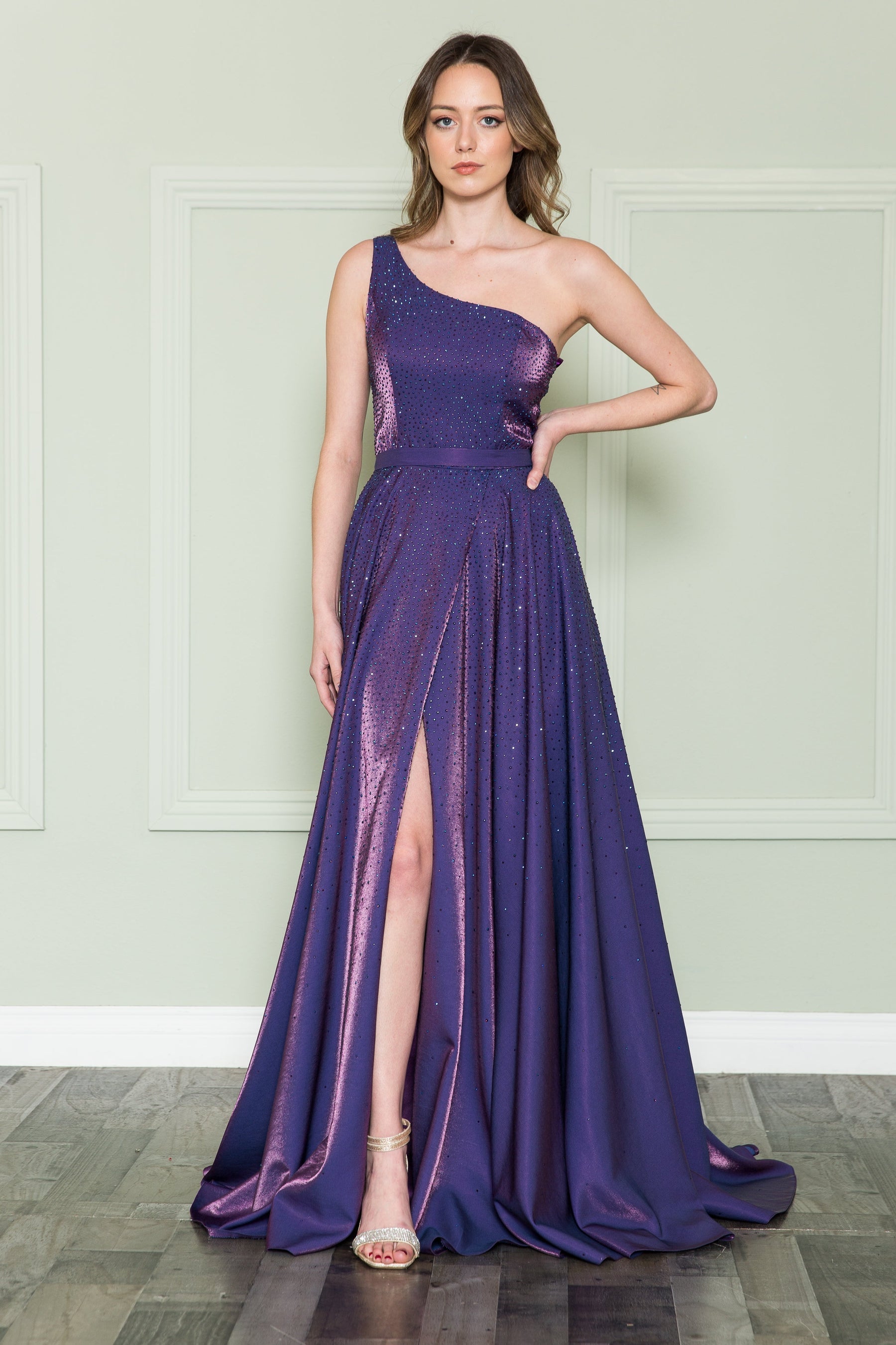 Purple One-Shoulder Floor-Length Sequin Prom Dress with Side Slit Poly USA 8920