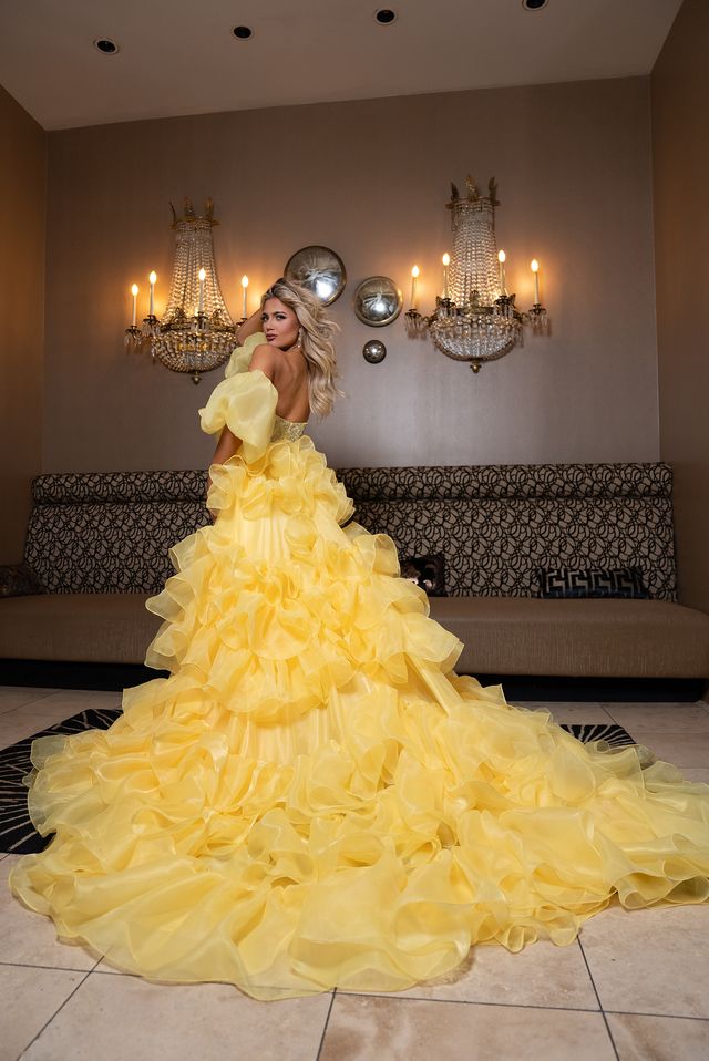 Prom Dresses  Puffy Overskirt Beaded long  Formal Gown YELLOW