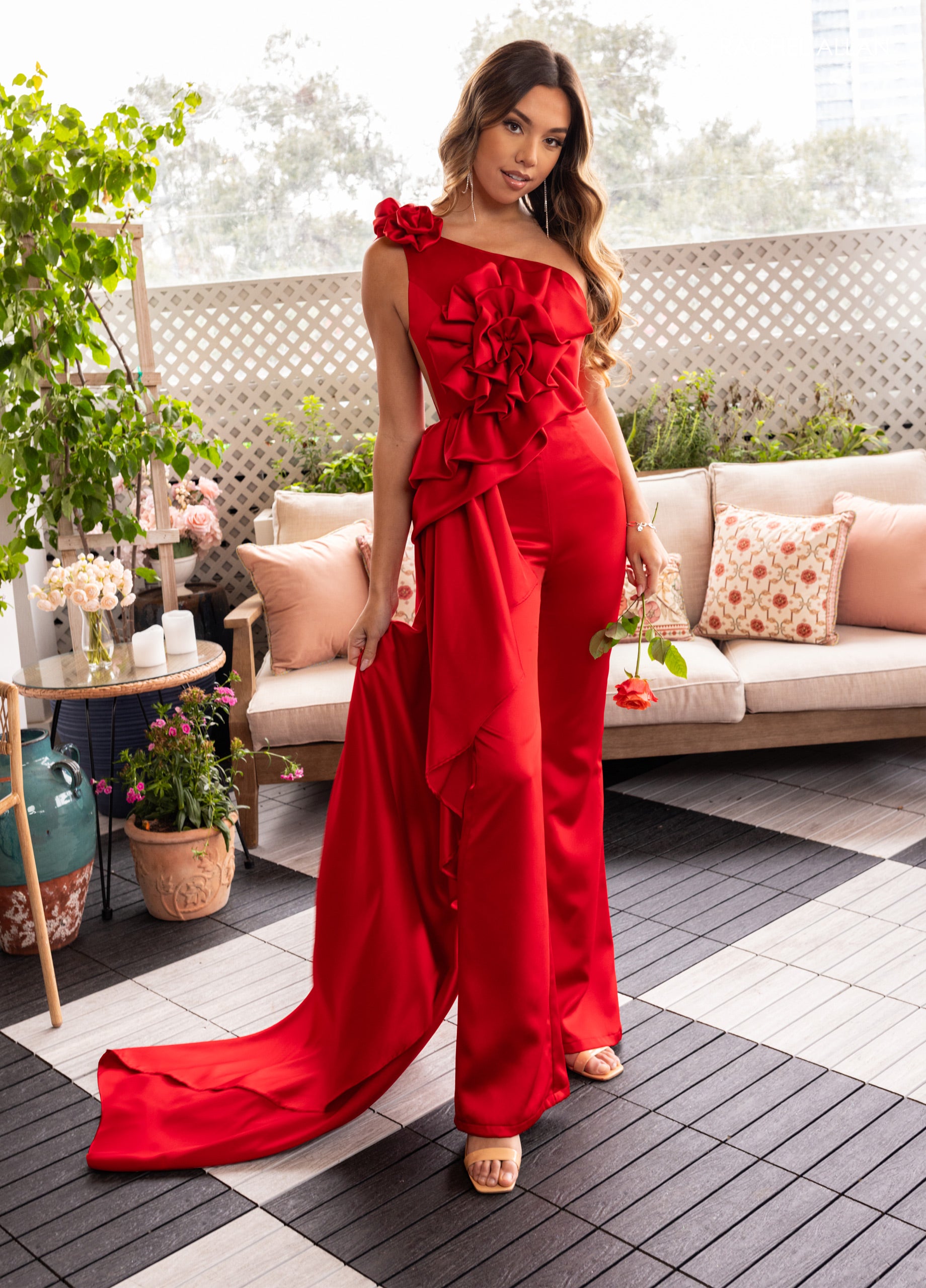 Jumpsuit Long Formal Floral Ruffle Jumpsuit Red