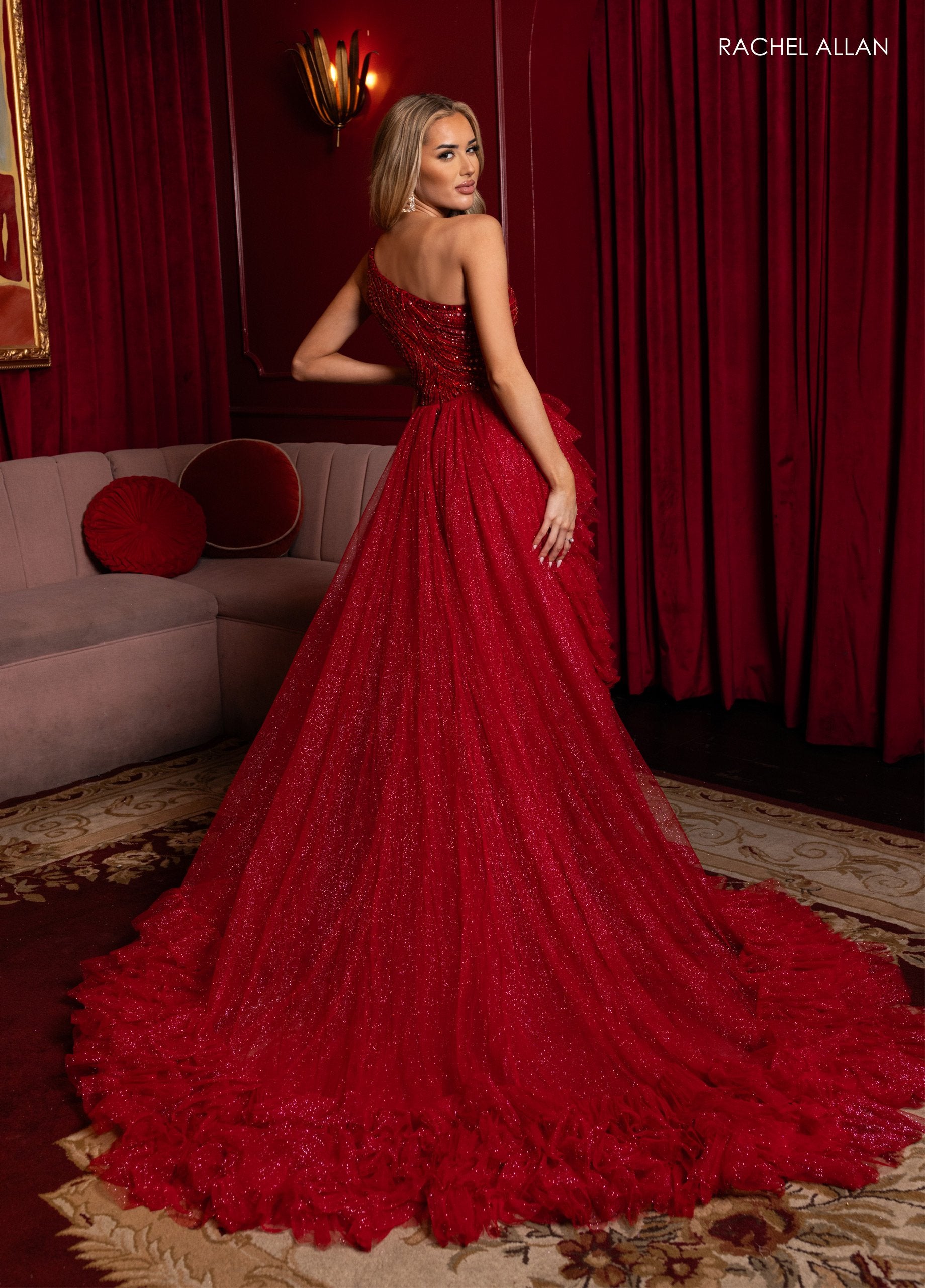 Rachel Allan 50383 A Line Long Ruffle Slit Formal Prom Dress