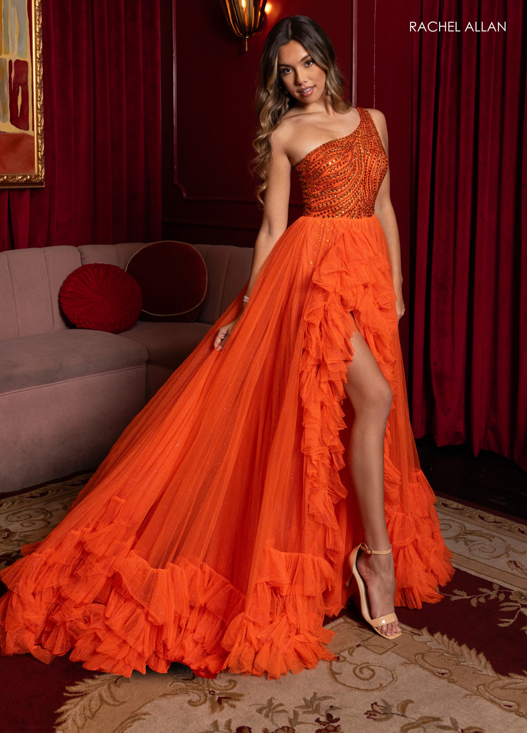 Rachel Allan 50383 A Line Long Ruffle Slit Formal Prom Dress
