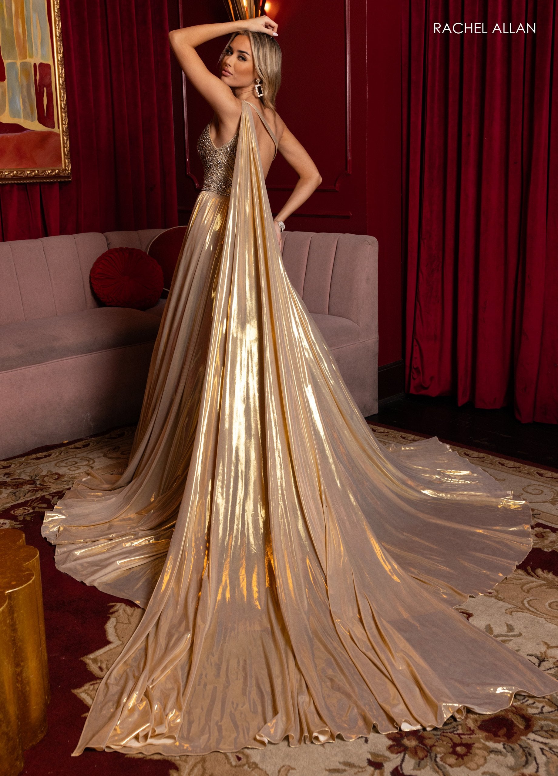 Rachel Allan 50372 A Line Formal Long Slit Metallic Dress