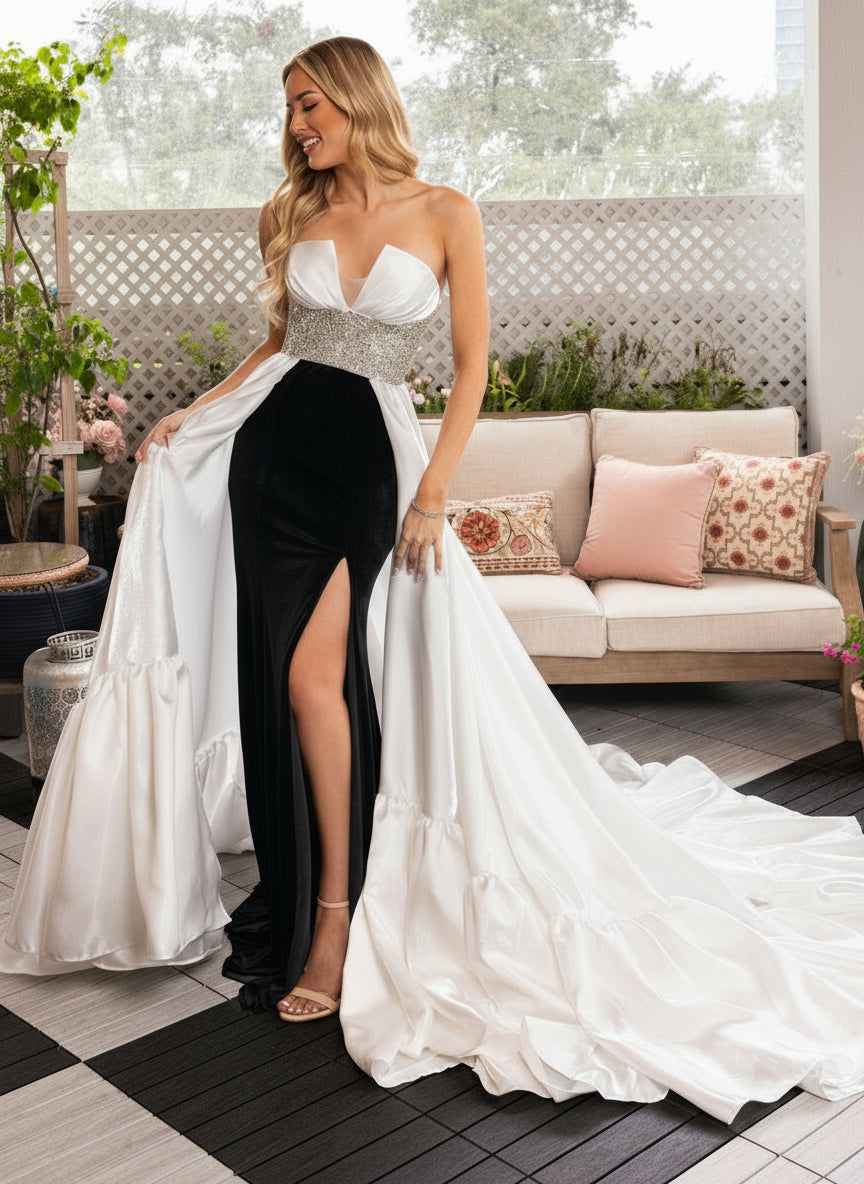 Prom Dresses Long Prom Velvet Formal Overskirt Ruffle Dress Black White