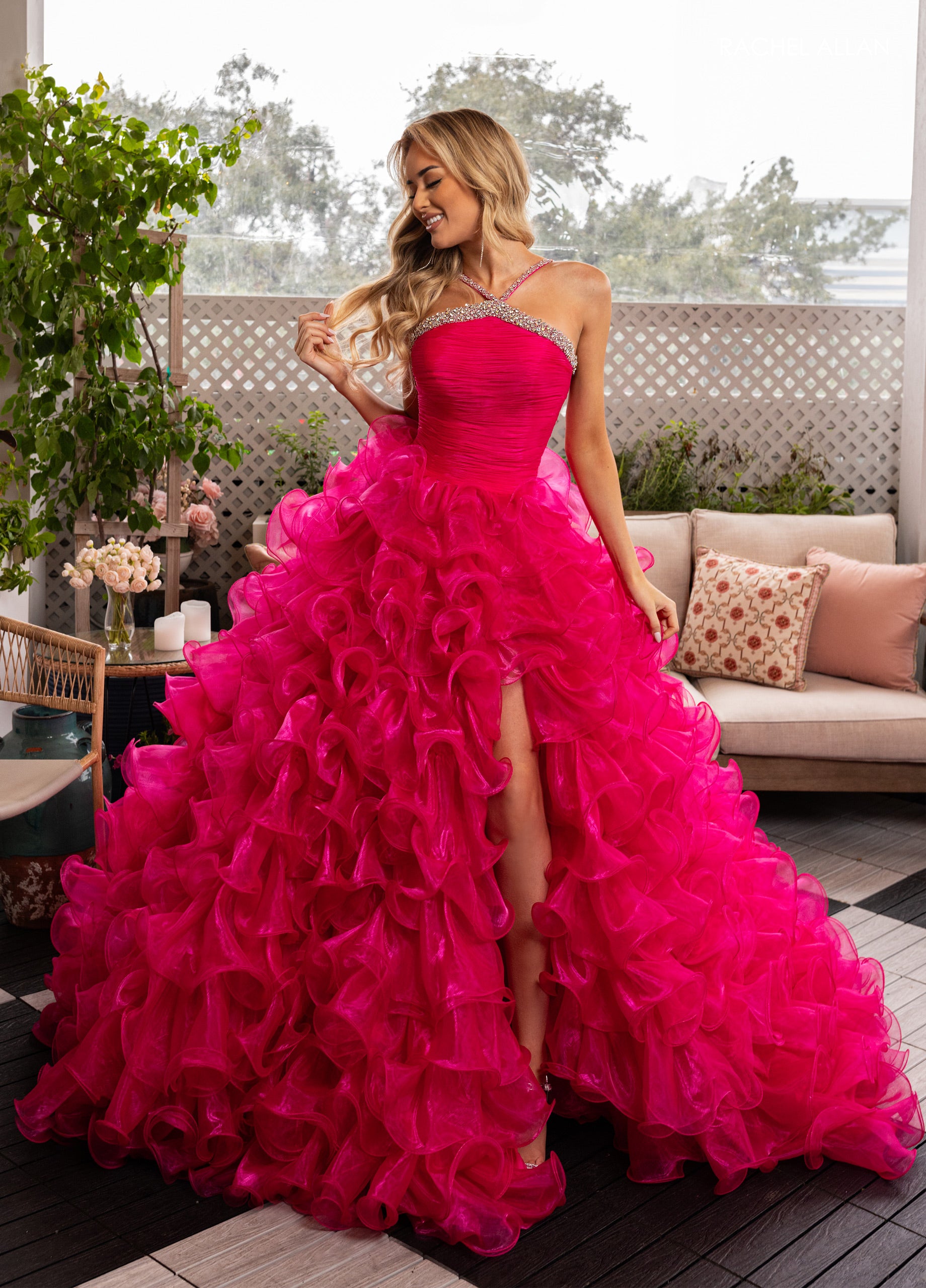 Prom Dresses Ball Gown Long Slit Ruffle Prom Dress Fuchsia