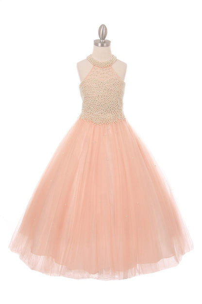 Pearl Halter Style Long Gown Flower Girl Dress - The Dress Outlet Cinderella Couture
