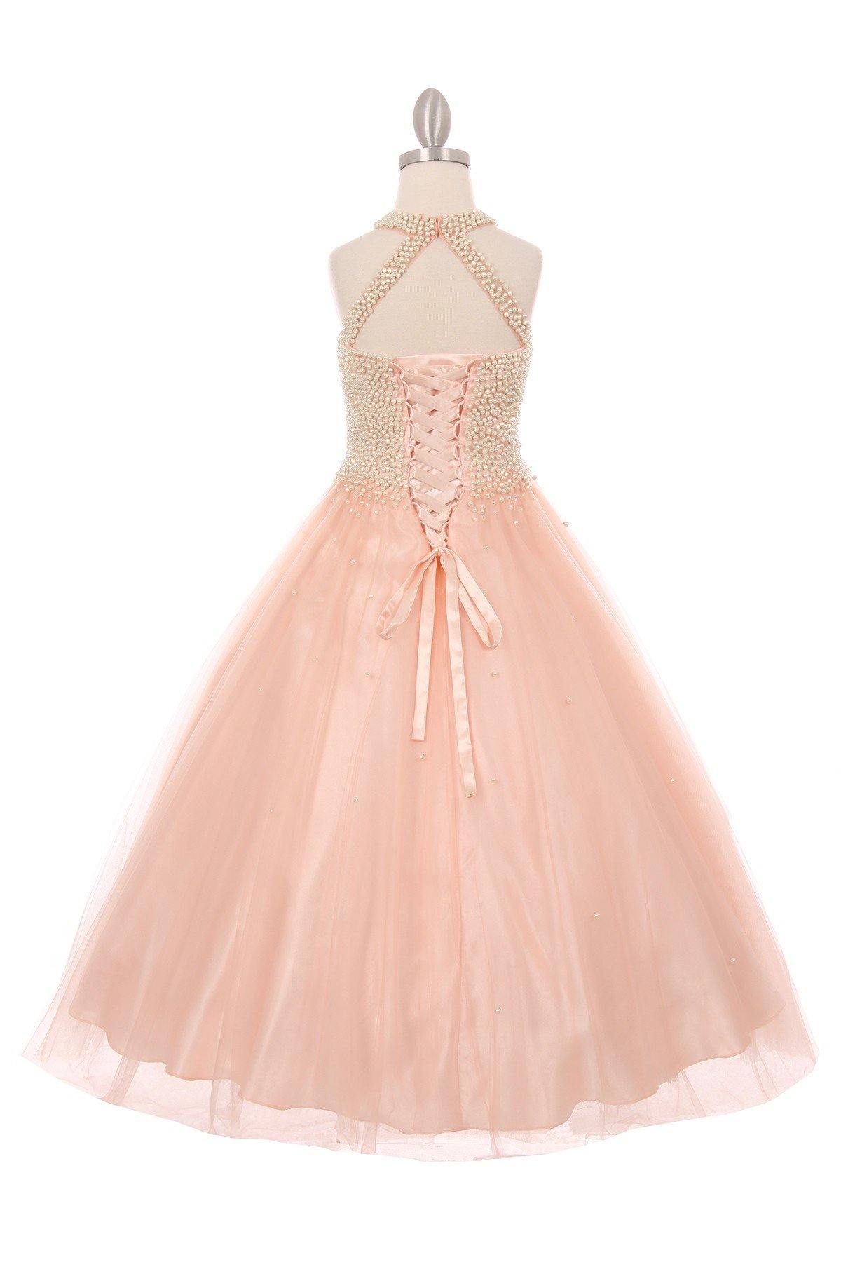 Pearl Halter Style Long Gown Flower Girl Dress - The Dress Outlet Cinderella Couture