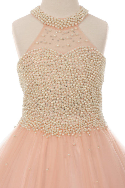 Pearl Halter Style Long Gown Flower Girl Dress - The Dress Outlet Cinderella Couture