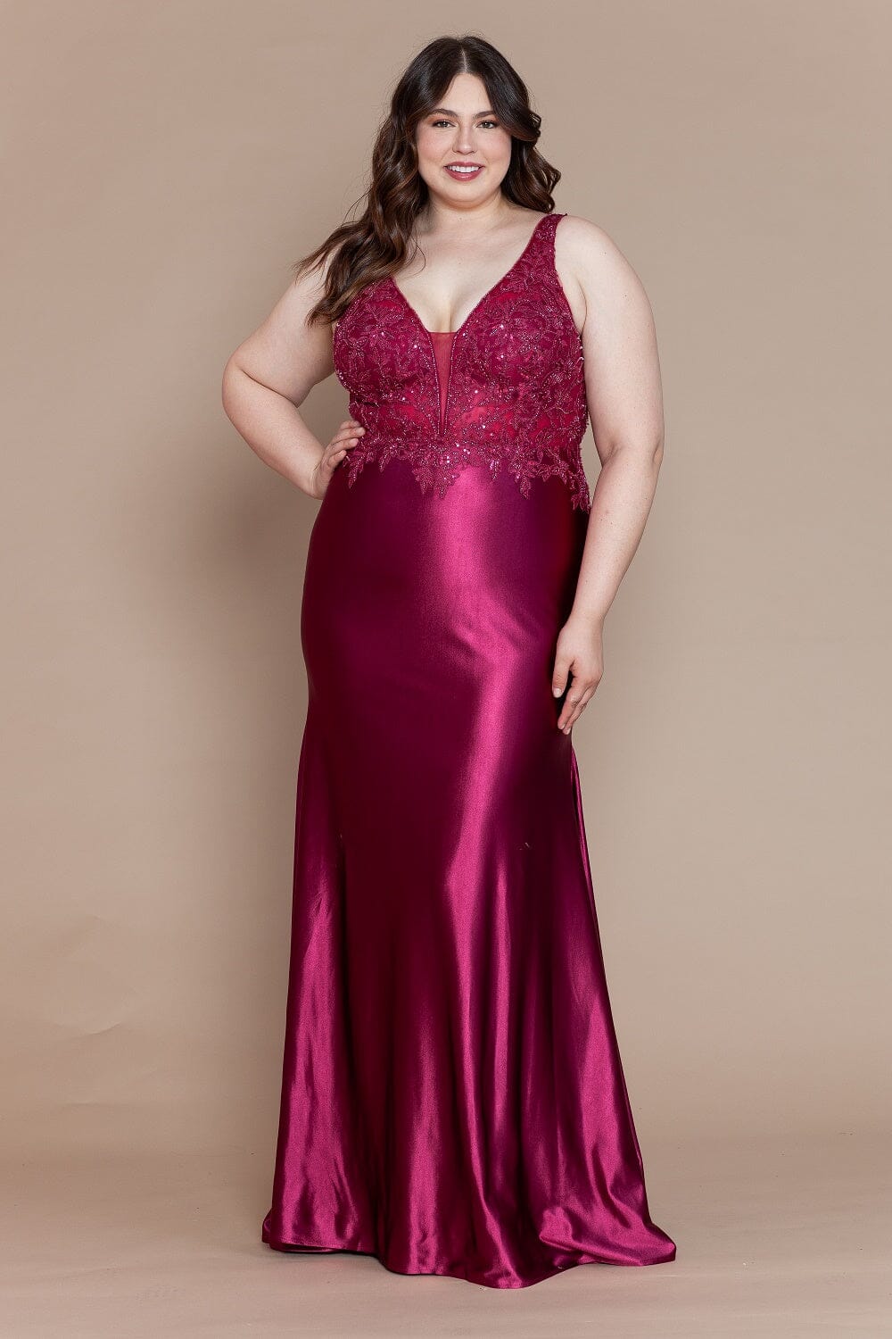 Cherry Red V Neck Floor Length Embroidered Plus Size Gown with Sweep Train Formal Dress Poly USA W1160