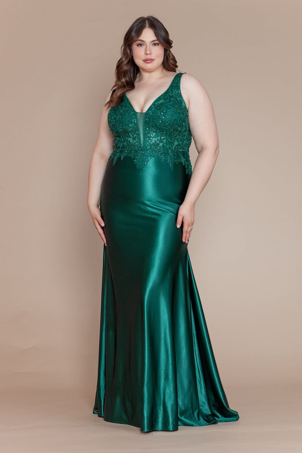 Emerald V Neck Floor Length Embroidered Plus Size Gown with Sweep Train Formal Dress Poly USA W1160