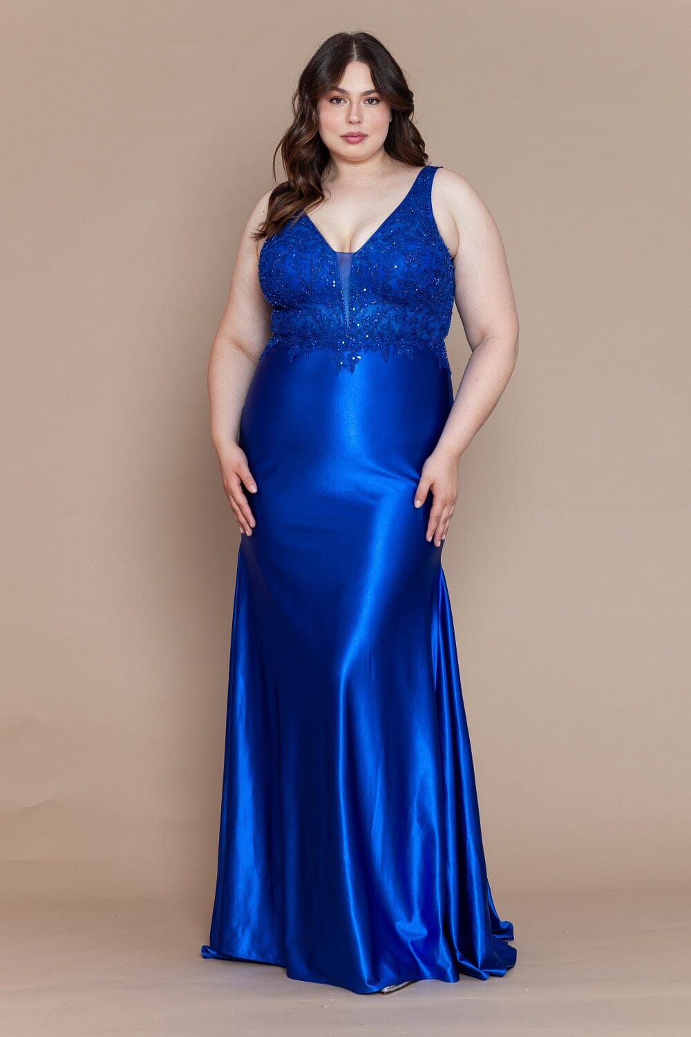 Royal V Neck Floor Length Embroidered Plus Size Gown with Sweep Train Formal Dress Poly USA W1160